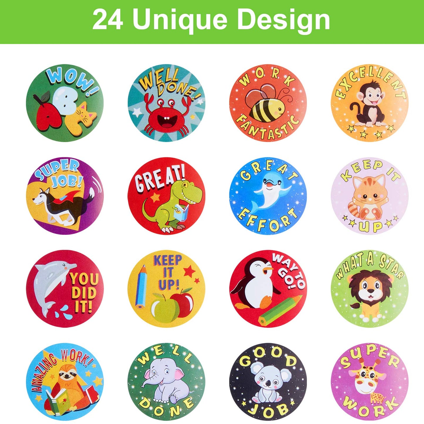 Outus 3 Rolls Motivational Stickers for Kids, 1500 Pcs Inspirational Cartoon Reward Stickers Teacher Supplies for Potty Training School Classroom Students Prizes, 24 Designs(Vivid Style)