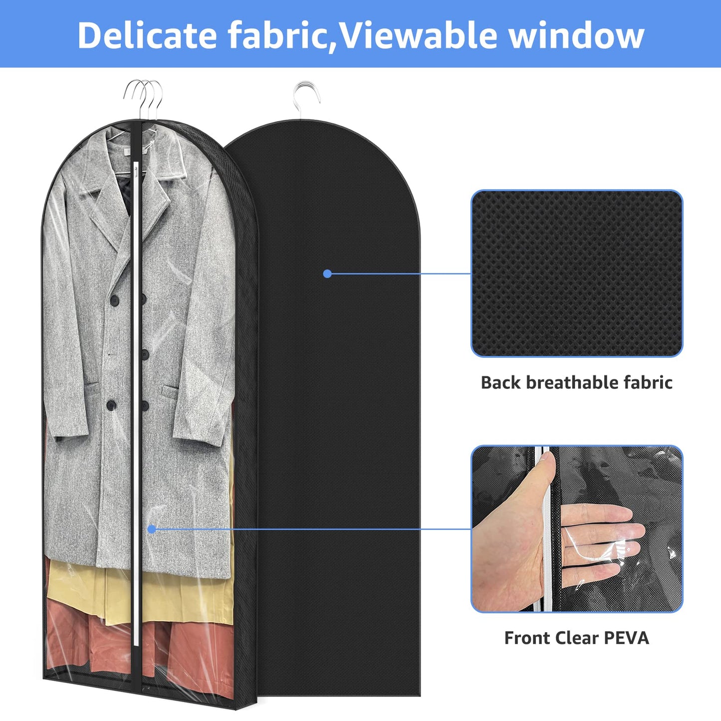 Sacs à vêtements transparents de 50 po pour suspendre des vêtements dans un placard avec soufflets de 4 po, sac de protection pour costumes pour robes, manteaux longs, vestes, pulls, chemises, 3 paquets, noir