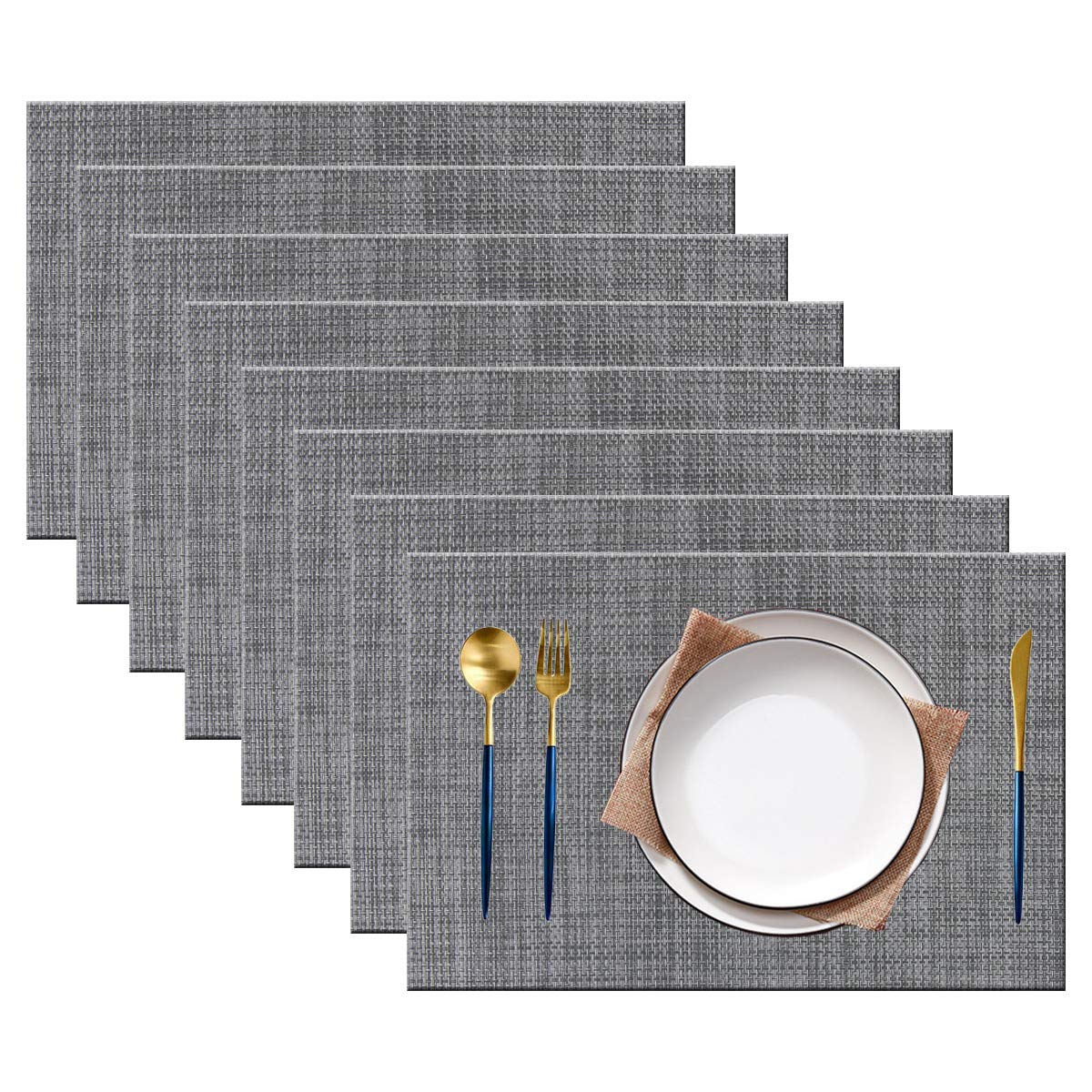 PIGCHCY Keilförmige Tischsets für den Esstisch, kreuzgewebt, waschbares Vinyl-Tischset, hitzebeständig, runde Tischsets, 4er-Set (Silbergrau)