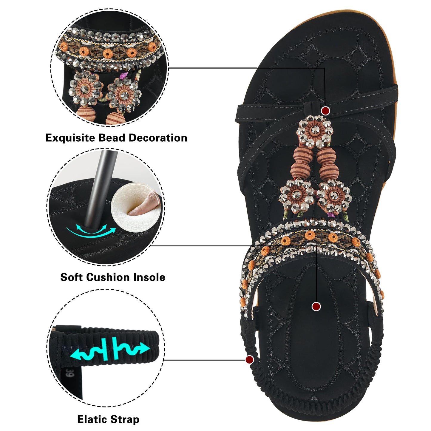 Elegante Damensandalen für den Sommer: Flache Schuhe, bequeme Bohemian-Sandalen mit elastischem Knöchelriemen, Strandsandalen für Damen