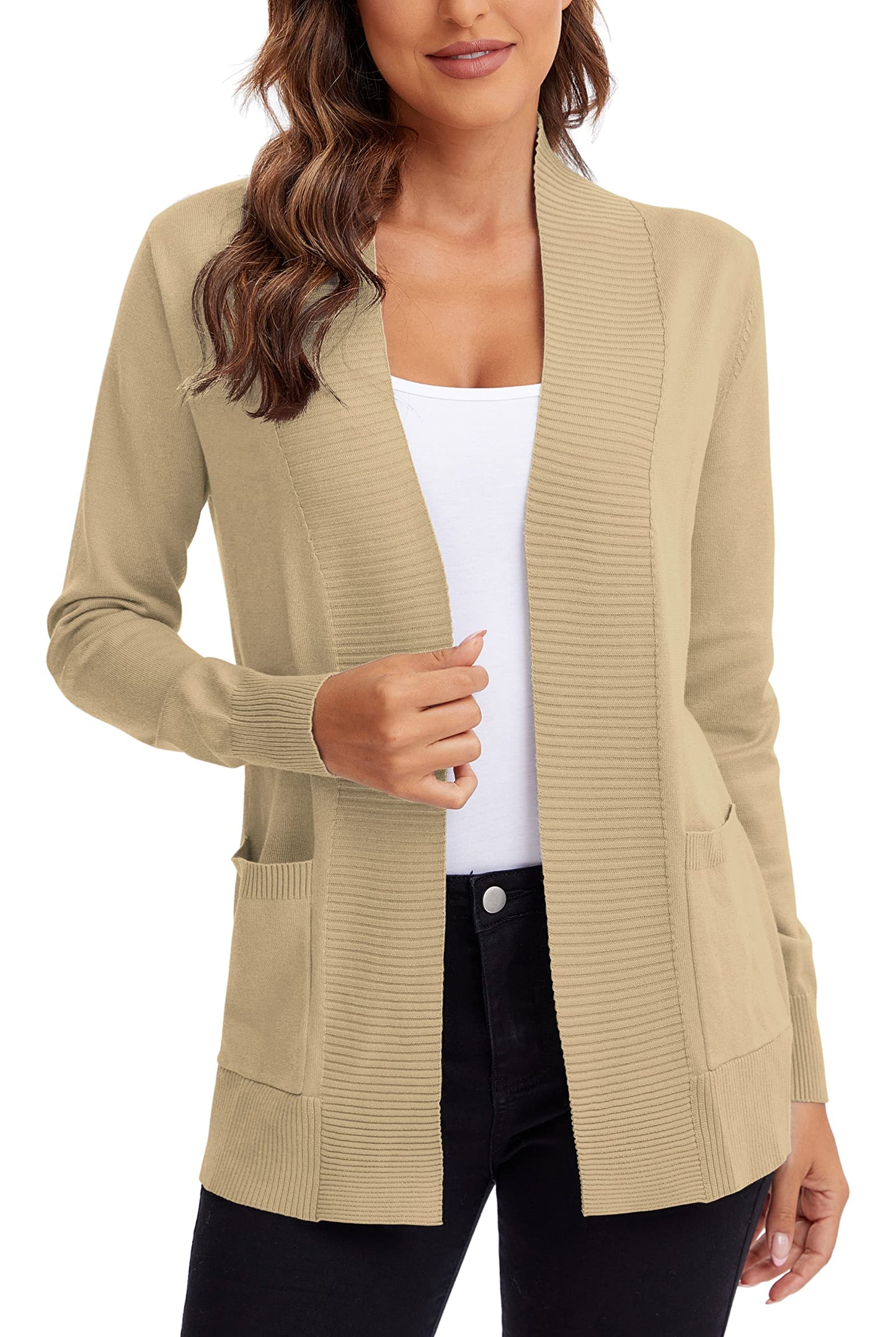 Urban CoCo Leichter Strickjacke für Damen mit offener Vorderseite, lange Ärmel, mit Tasche