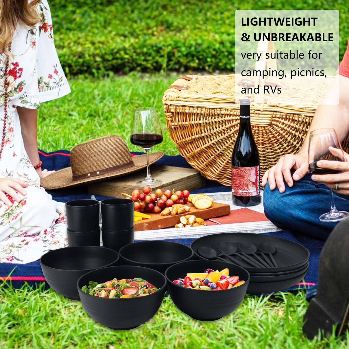 28 Piece Wheat Straw Dinnerware Sets,Dishwasher & Microwave Safe Plates and Bowls Sets - Unbreakable Plastic Dinnerware Sets for 4 Dinner Plates, Cups, Cereal Bowls - Colorful Series