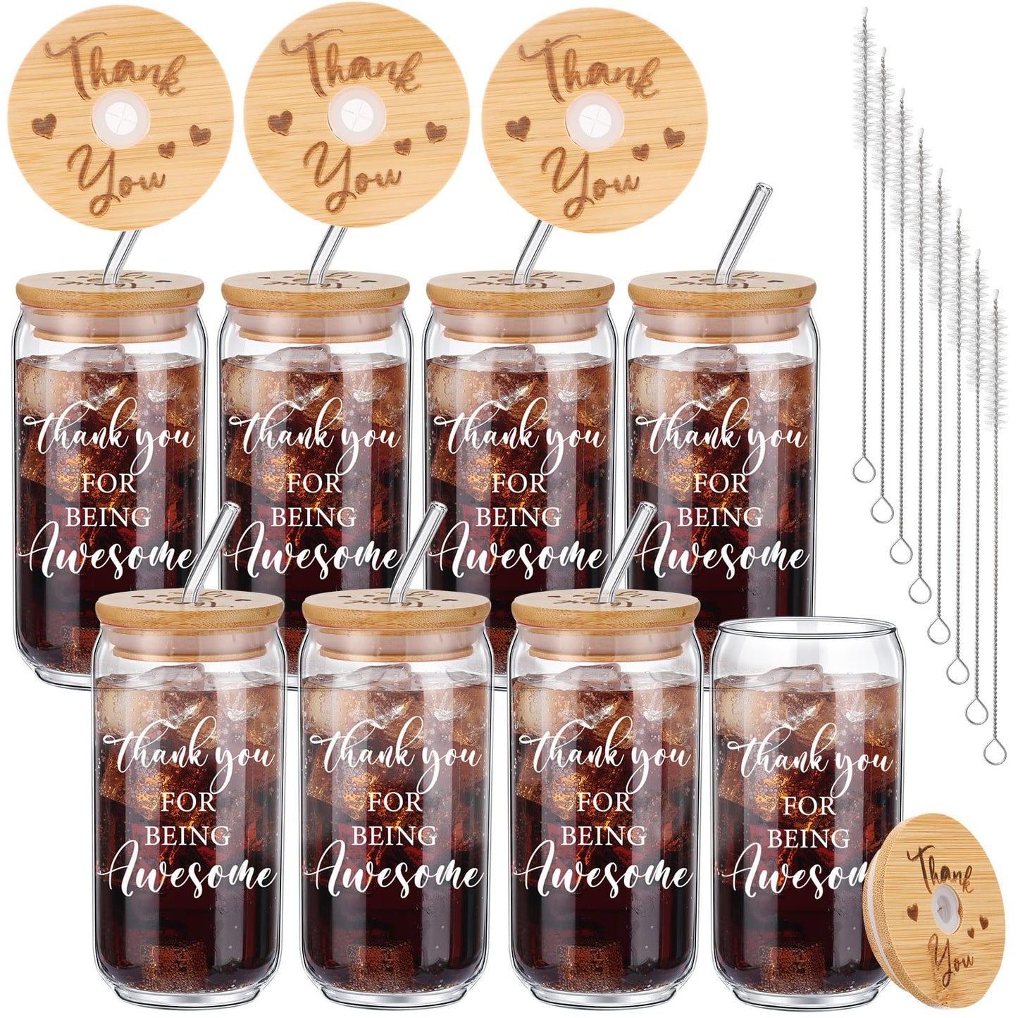 Tioncy 8 Pcs Team Gifts for Employees Thank You Gifts Teacher Staff Appreciation Gifts 16oz Can Shaped Beer Glass with Bamboo Lids Straws Brushes Drinking Glass Cups for Women Men Coworkers Member