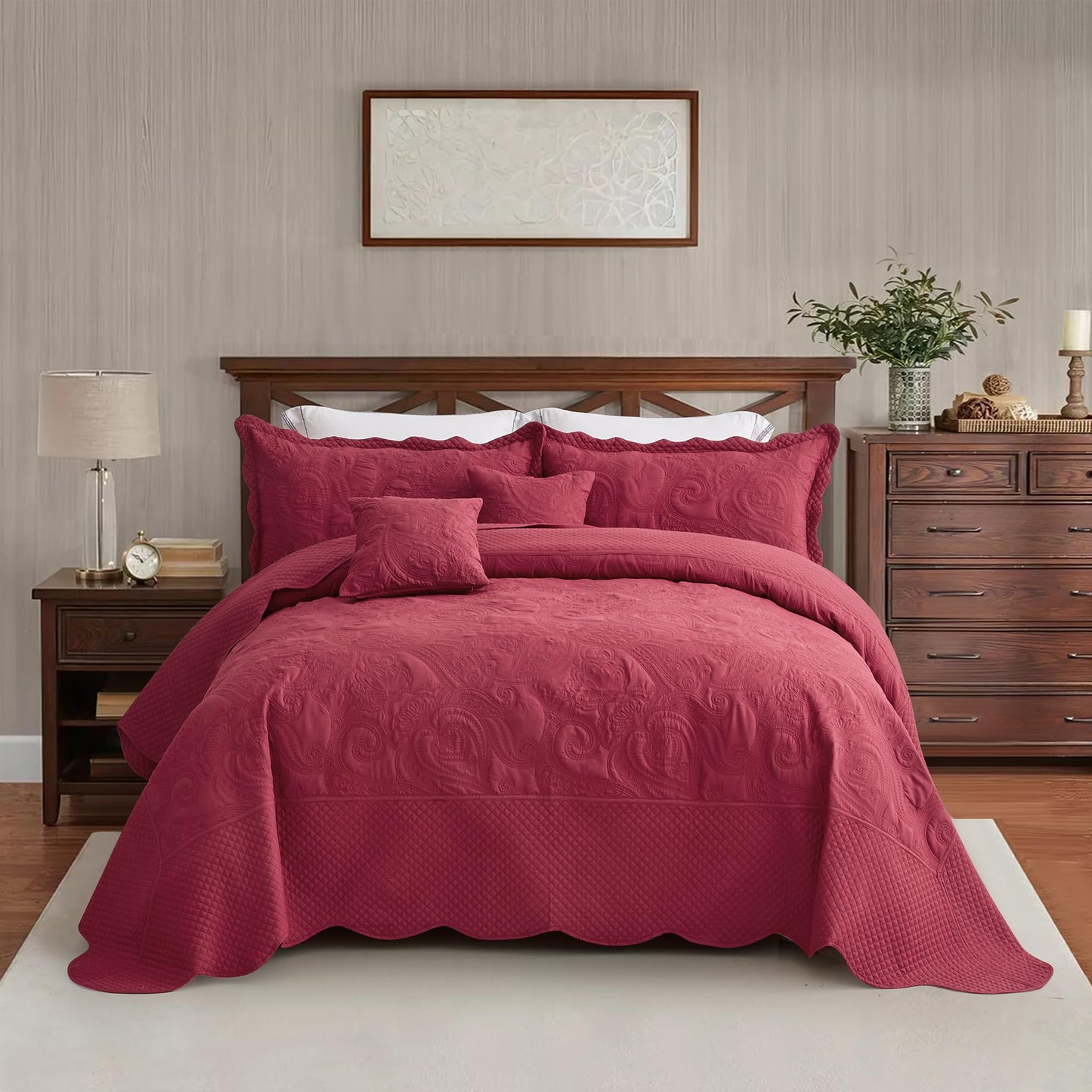 Oversized King Bedspread 128x120 Extra Wide, Paisley Pattern Design, Lightweight Bedding Cover, Reversible, 5 Piece, 100% Microfiber, King/Cal King, Pure White