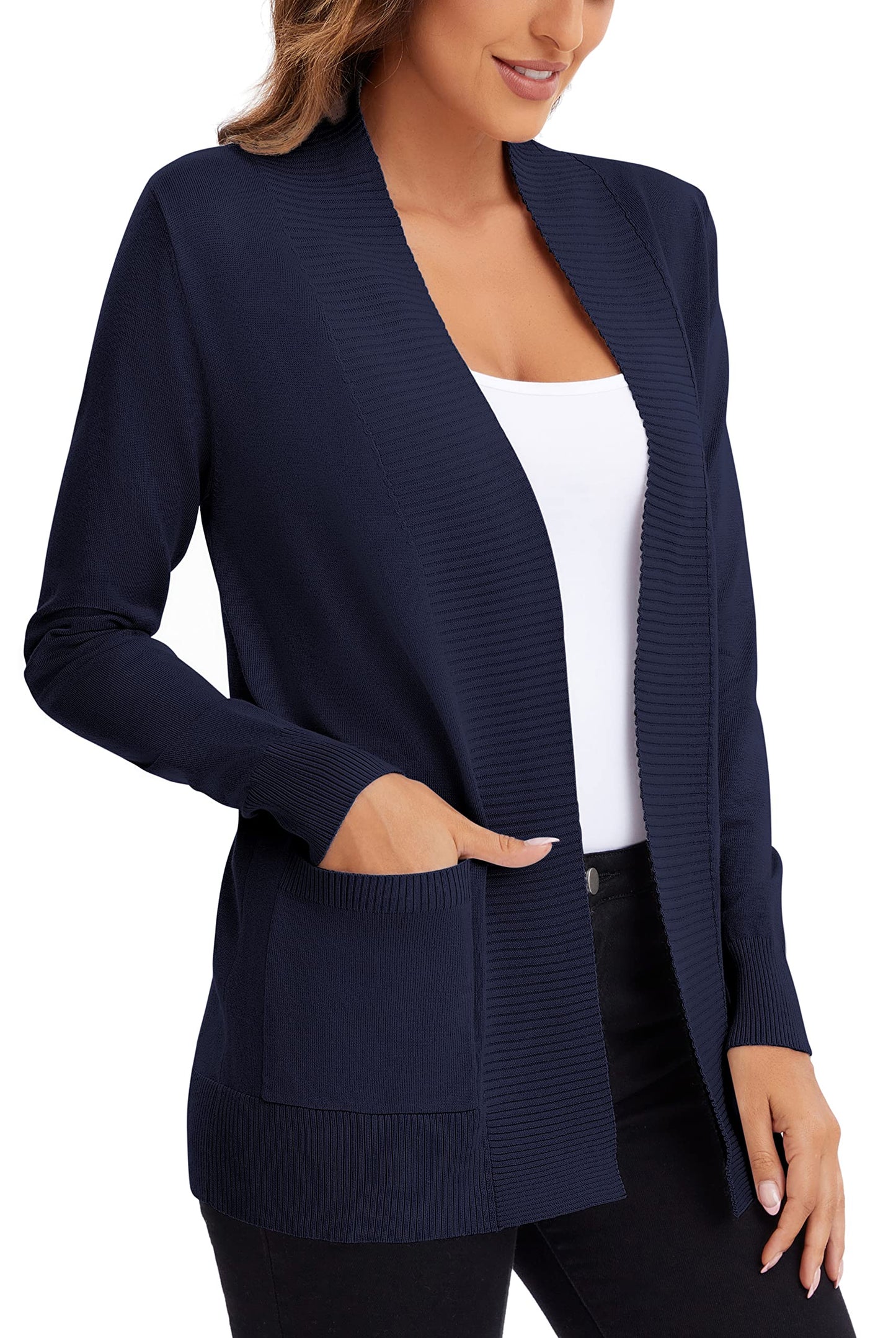 Urban CoCo Leichter Strickjacke für Damen mit offener Vorderseite, lange Ärmel, mit Tasche