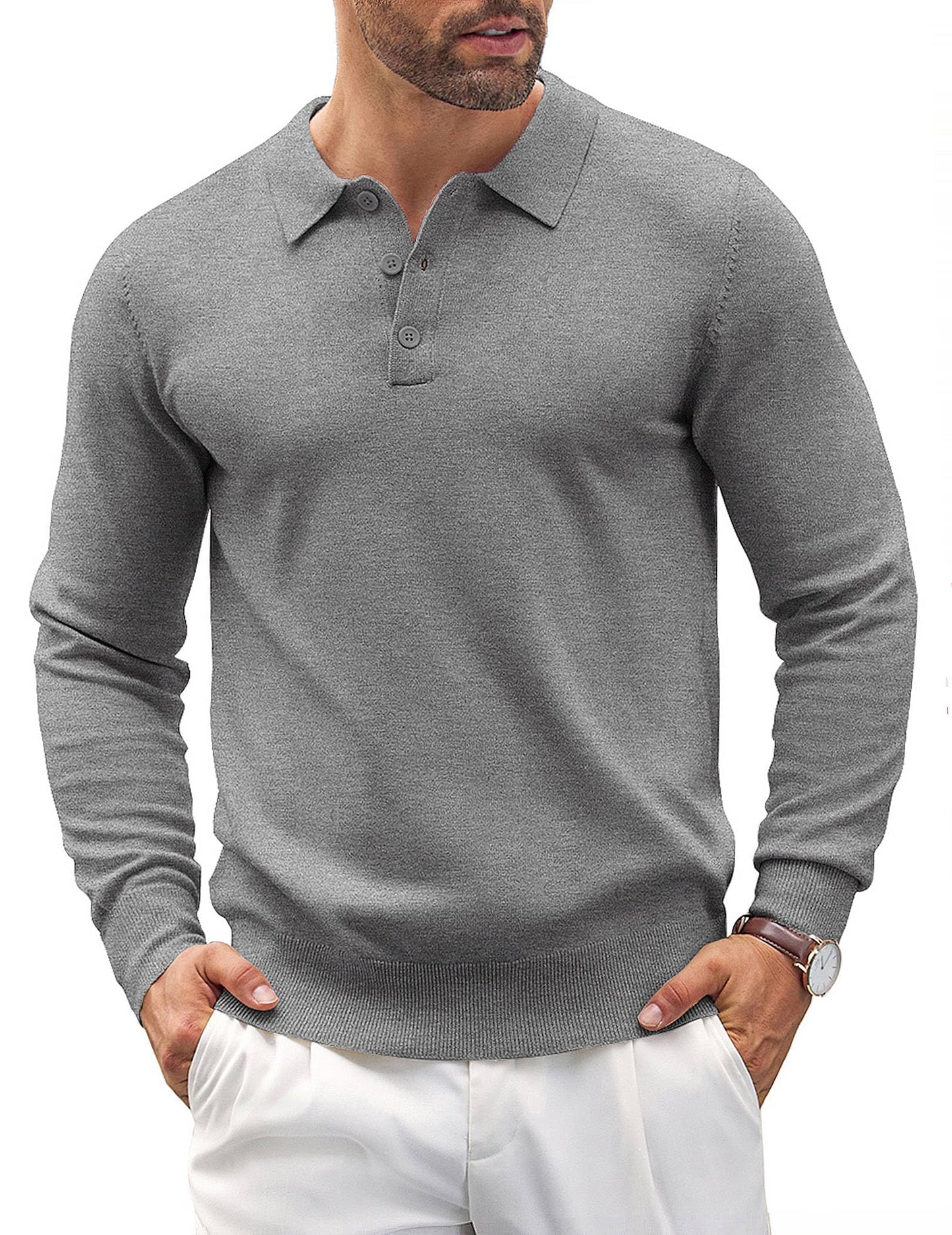 COOFANDY Mens Knit Polo Shirts Casual Long Sleeve Classic Polo Shirts Button Down Golf Shirts