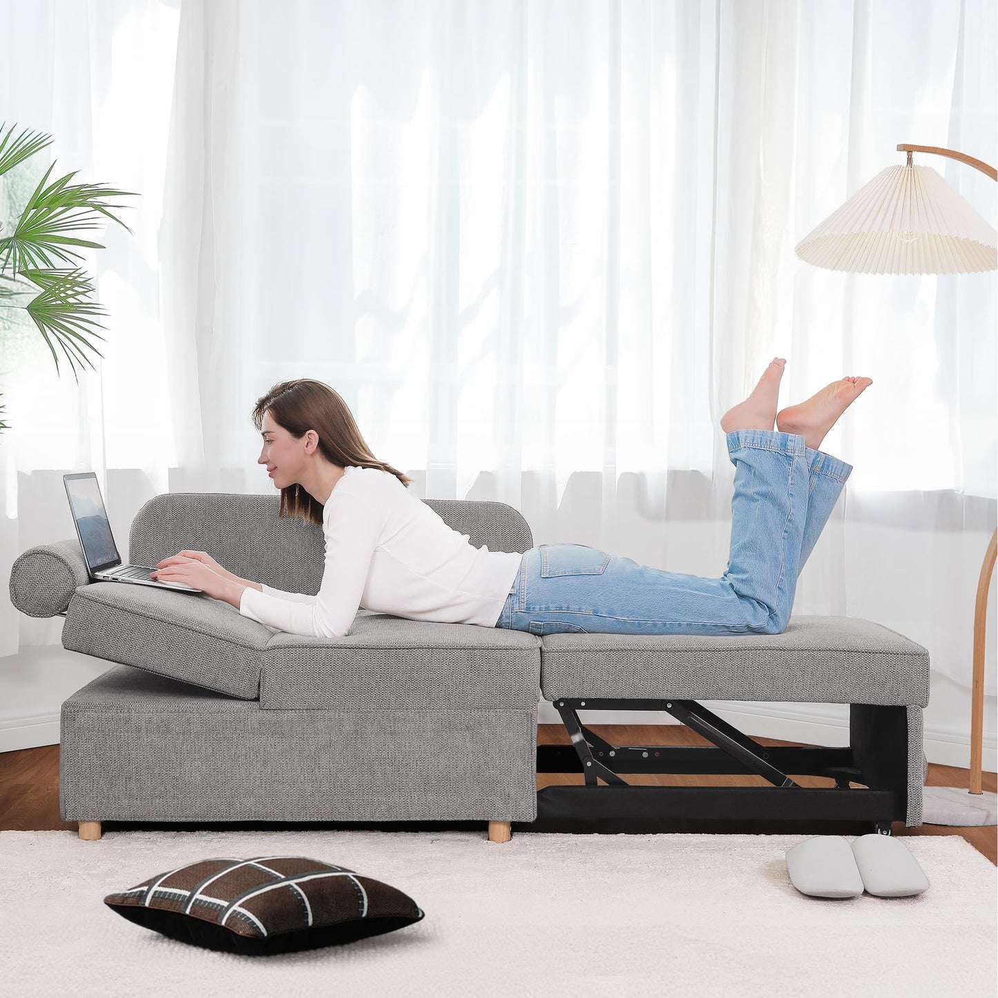 Schlafsofa, 4-in-1-Couch, umwandelbares Sofa, Zweisitzer-Couch aus Leinenstoff mit 2 Dekokissen, Einzel-Relaxsessel für kleine Räume mit 5-fach verstellbarer Rückenlehne