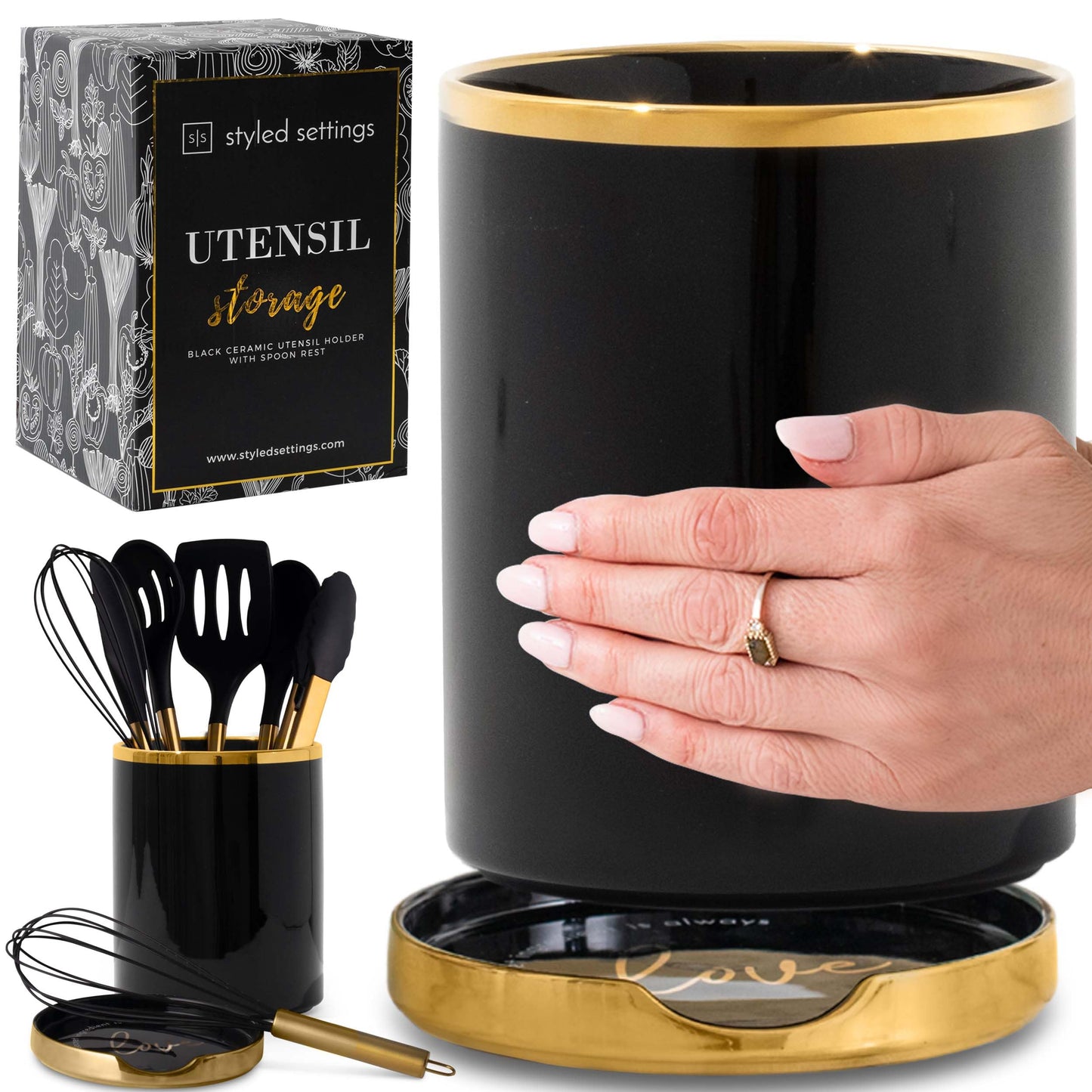 Ensemble d'ustensiles de cuisine en bois – Ensemble de 8 pièces comprenant des ustensiles de cuisine en bois et en or, un porte-ustensiles blanc et un repose-cuillère en bois – Ustensiles de cuisine durables et élégants pour cuisiner et servir
