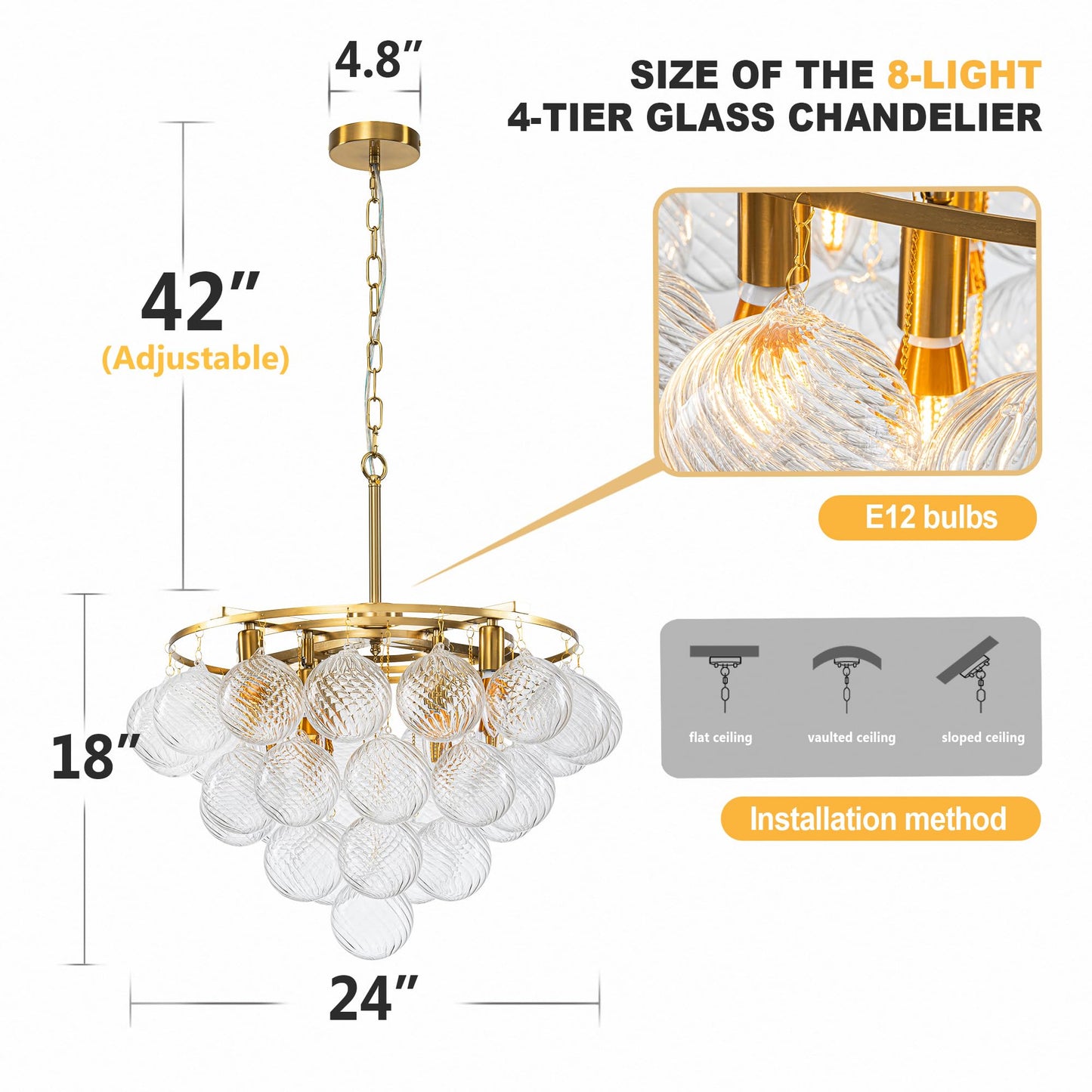 Goldfarbener mehrstufiger Glaskugel-Blasen-Kronleuchter, runder Kronleuchter aus gewirbeltem Glas, klares geblasenes Glas, 8-flammige Pendelleuchte mit 24 Zoll Durchmesser für Schlafzimmer und Restaurant