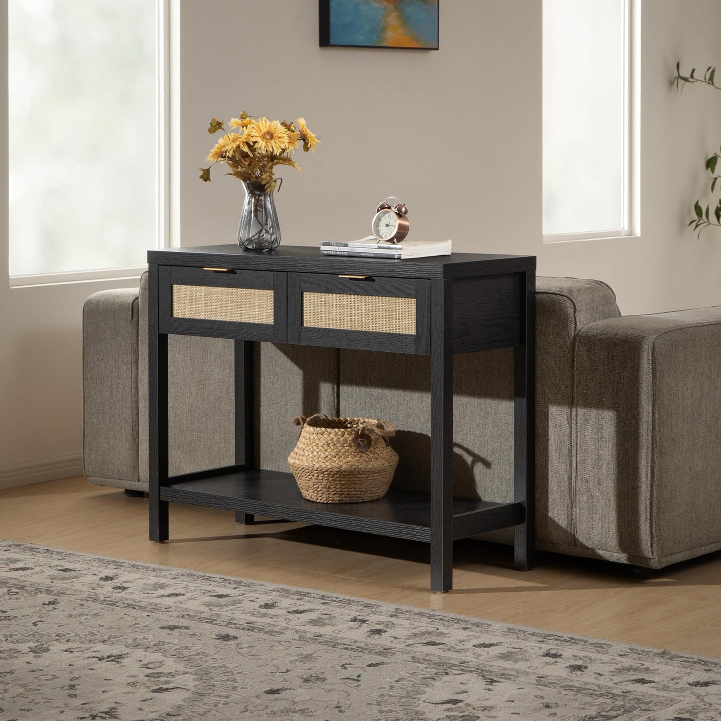 SICOTAS Console Table Set of 2 - Boho Entryway Table with Storage and Rattan Drawers, 2 Tier Shelf, Narrow Long Sofa Tables for Living Room, Natural Wood Entry Table for Hallway, Foyer, Light Oak