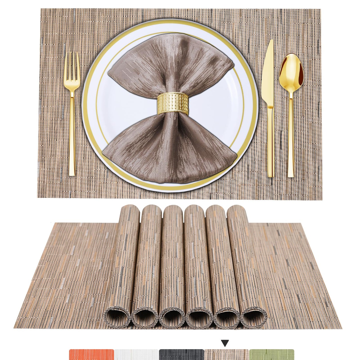 Tischsets 6er-Set, gewebtes Vinyl-Tischset für Esstisch, waschbar, abwischbar, Küchentischsets, strapazierfähige Tischsets für drinnen und draußen, 01 Beige, 6 Stück