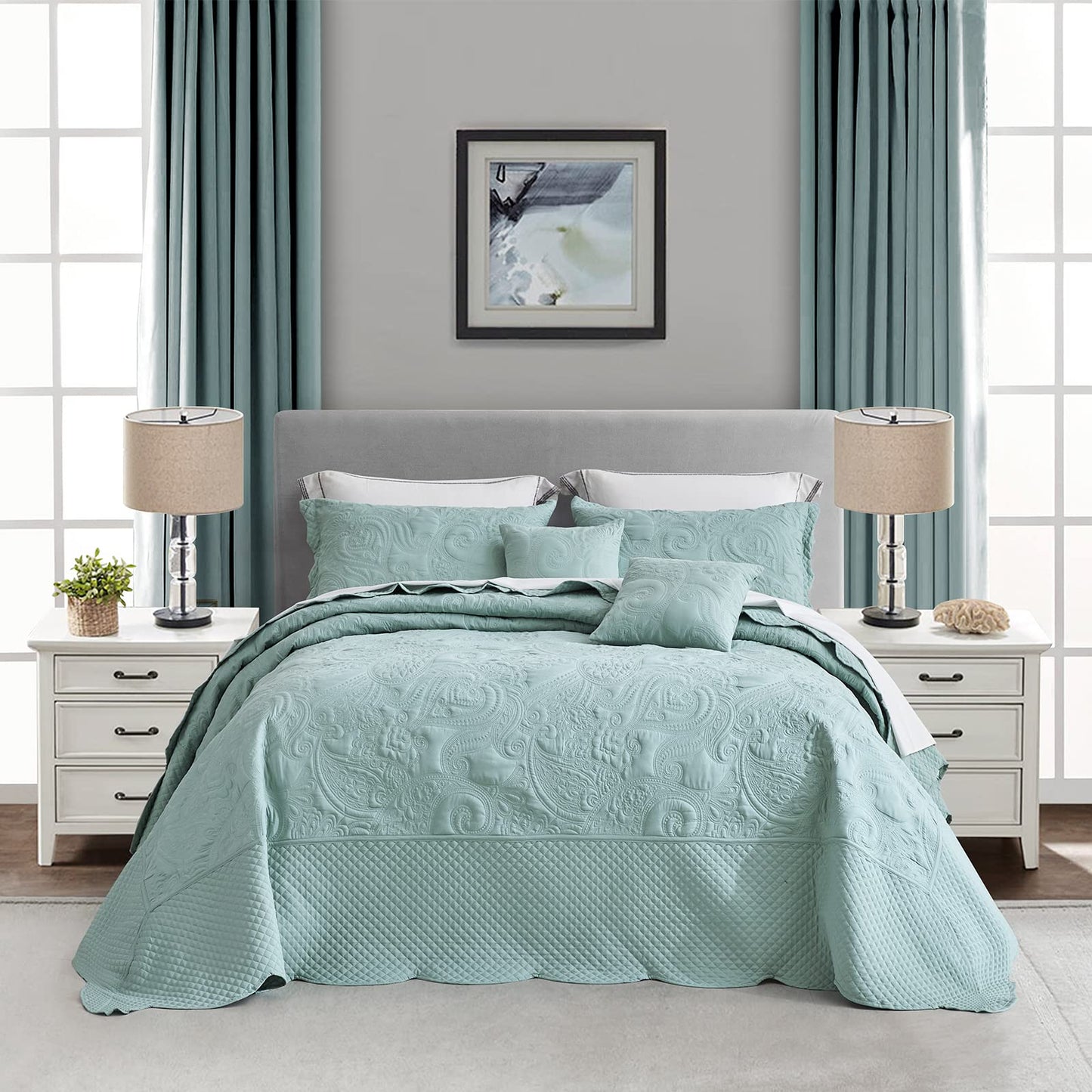 Oversized King Bedspread 128x120 Extra Wide, Paisley Pattern Design, Lightweight Bedding Cover, Reversible, 5 Piece, 100% Microfiber, King/Cal King, Pure White