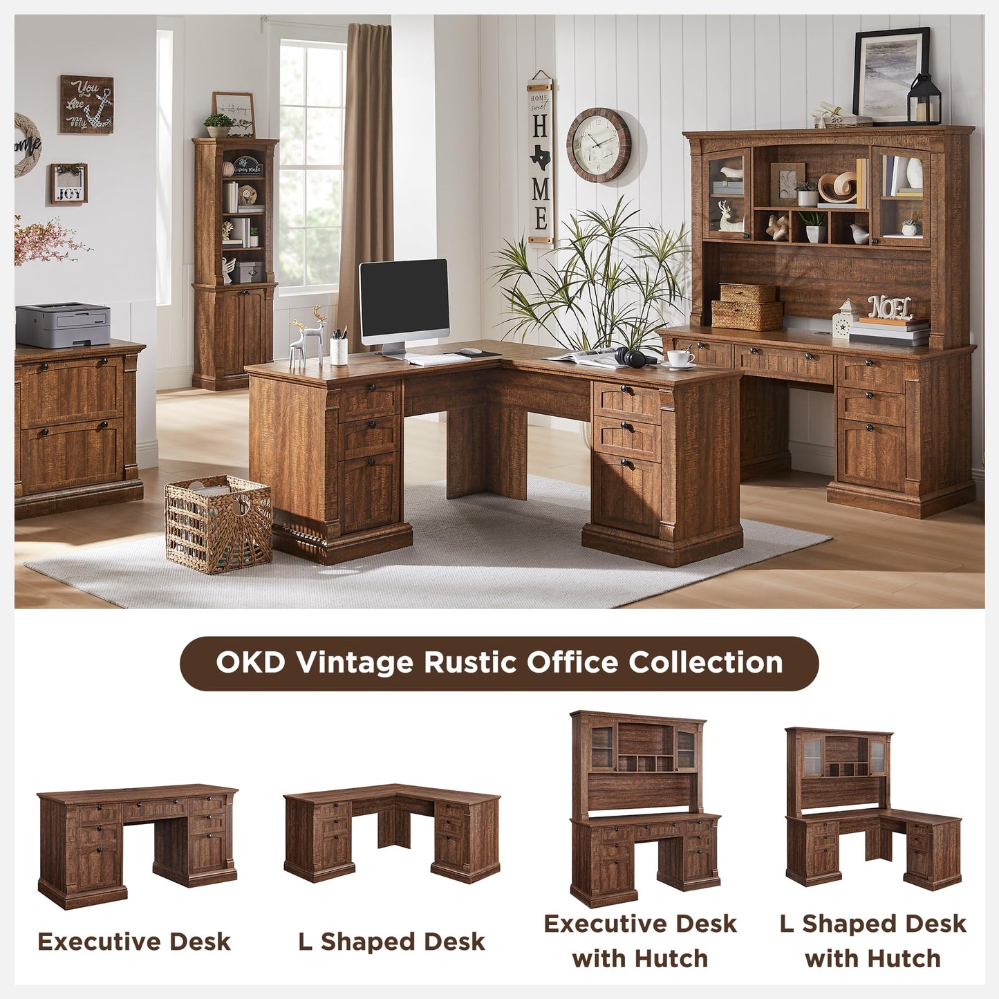 OKD 60-Zoll-Chefschreibtisch mit Schubladen, Home-Office-Schreibtisch im Landhausstil mit Ladestation, Tastaturablage, Aktenschrank-Aufbewahrung, Holz-Computertisch für Arbeit und Studium, Antikweiß