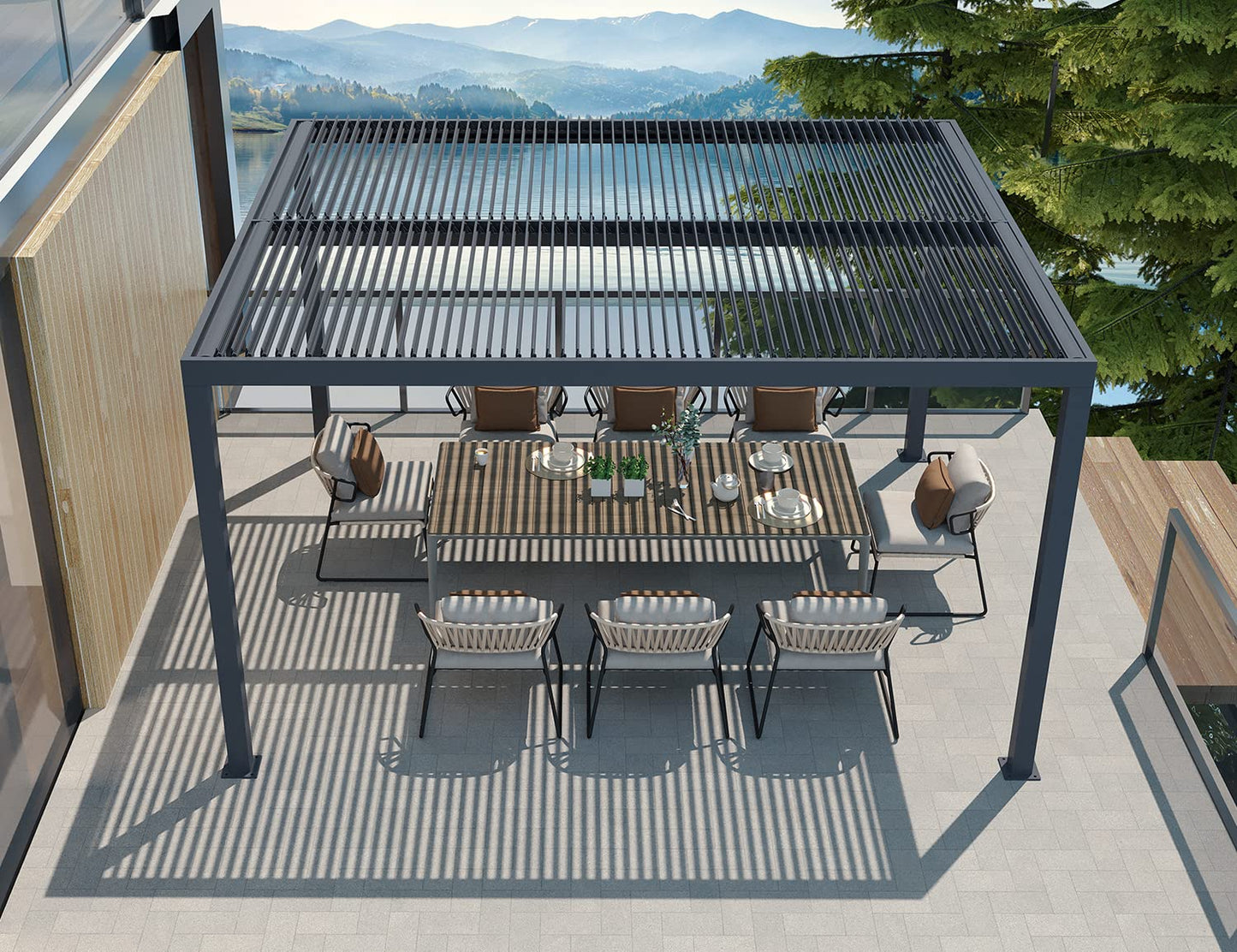 PURPLE LEAF Lamellenpergola 94AS, 3,3 x 4,3 m, Aluminium-Pergola für den Außenbereich mit Sonnenschutz, verstellbarem Dach für Terrasse, Hinterhof, grauer Pavillon mit festem Dach, 1 lange Seite und 2 kurze Seiten