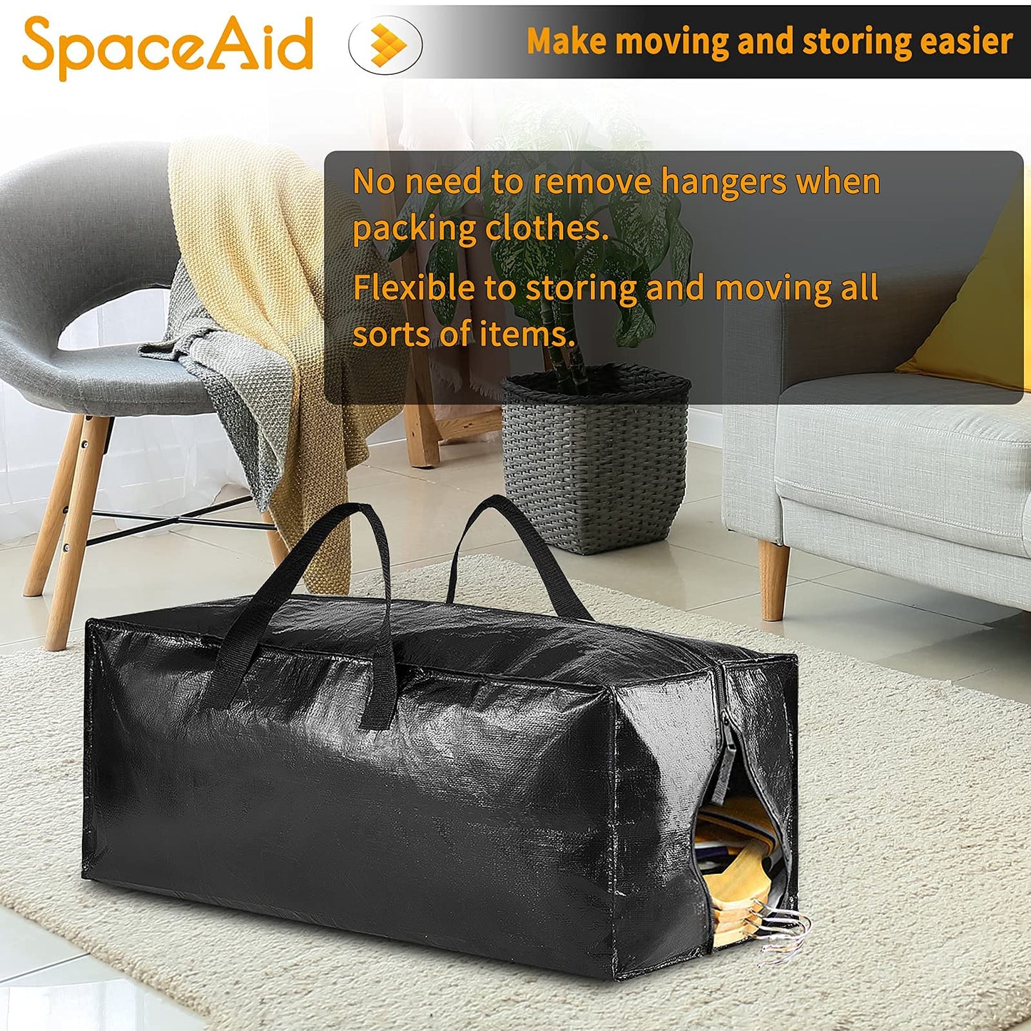 SpaceAid Strapazierfähige Umzugstaschen, extragroße Aufbewahrungstaschen mit Rucksackgurten, starken Griffen und Reißverschlüssen, Alternative zu Umzugskartons, Verpackungs- und Umzugszubehör, Schwarz (10er-Pack)