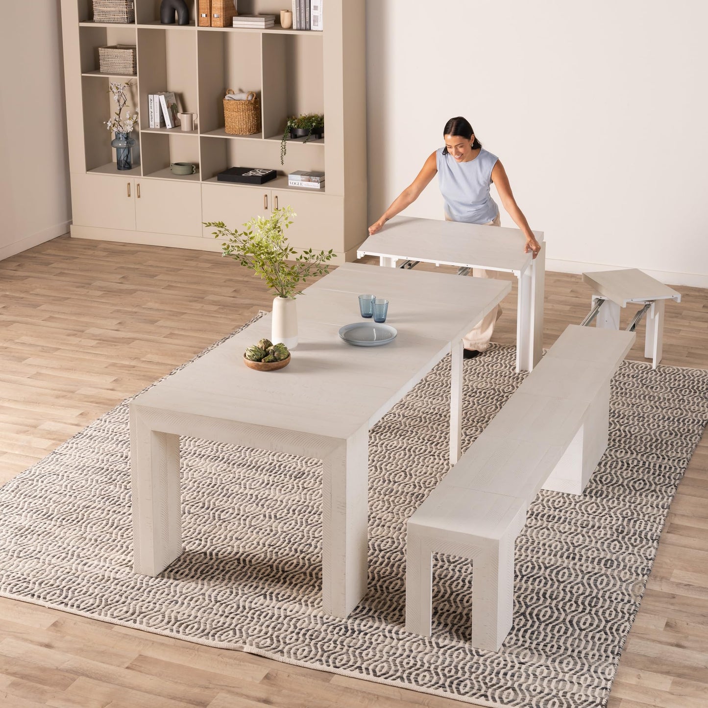 Transformer Table Esstisch-Set für 4 bis 12, ausziehbarer Esstisch aus Holz mit ausziehbarer Bank, Möbel für kleine Räume, Küchentisch-Set (Dunkelgrau, Tisch + Bank)