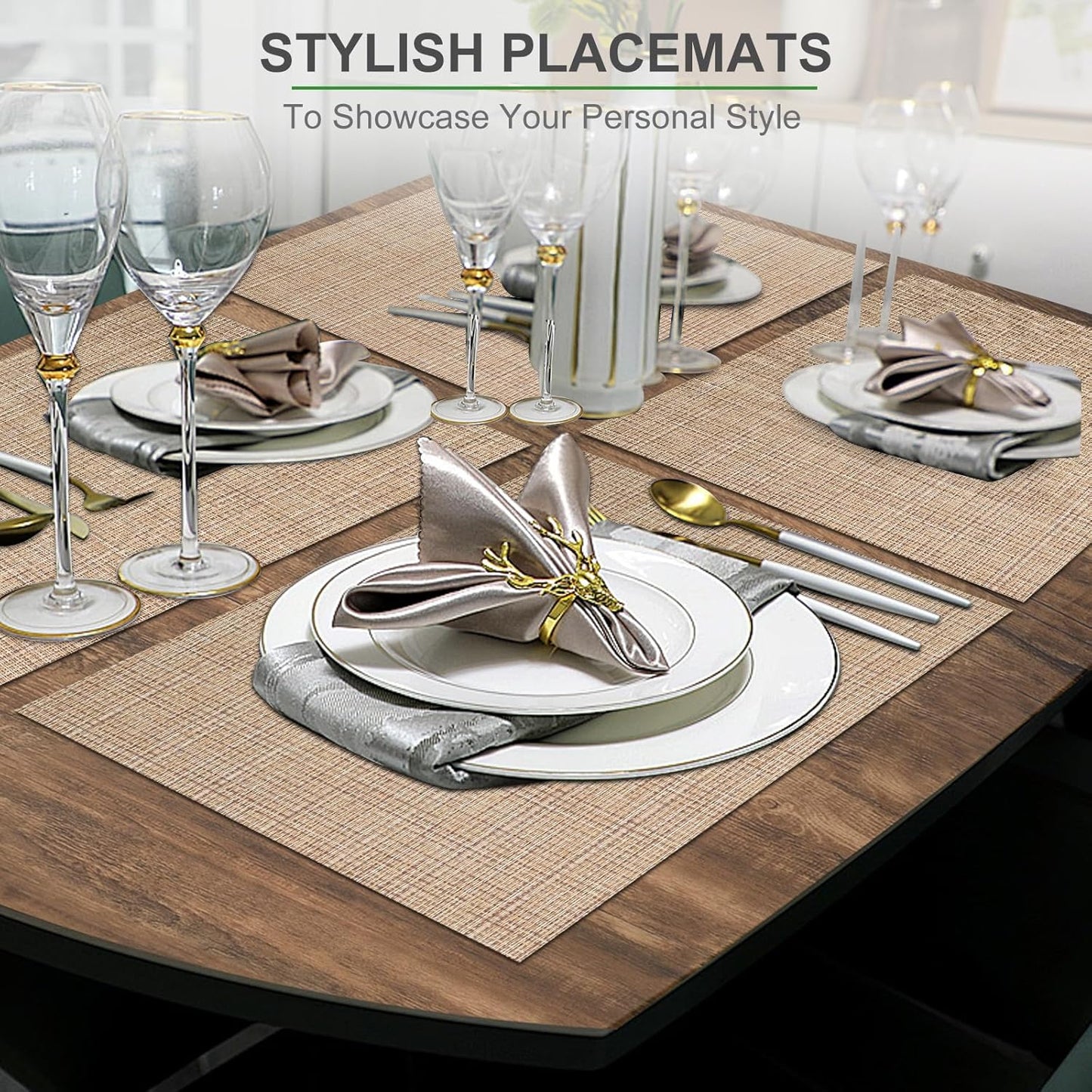 Tischsets 6er-Set, gewebtes Vinyl-Tischset für Esstisch, waschbar, abwischbar, Küchentischsets, strapazierfähige Tischsets für drinnen und draußen, 01 Beige, 6 Stück