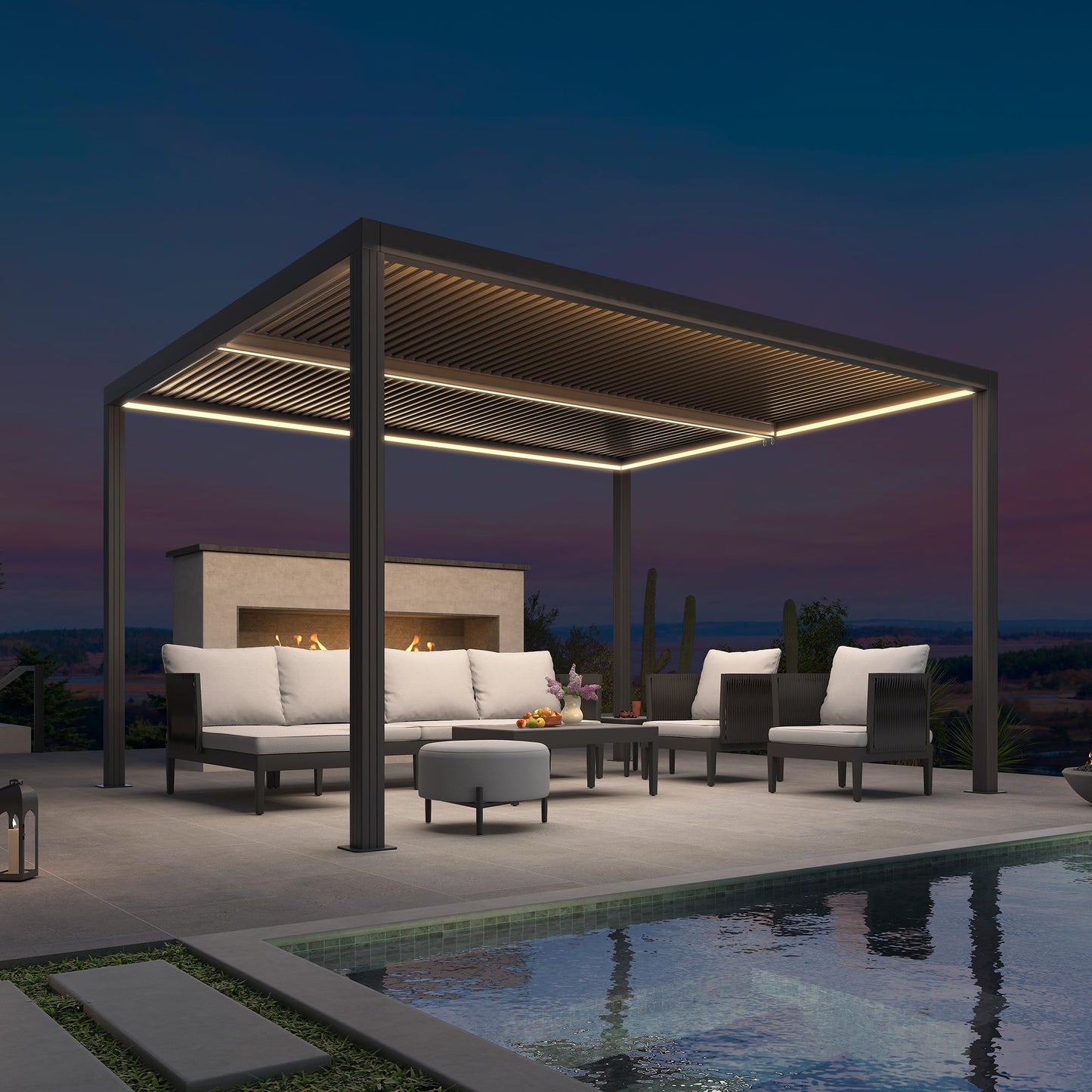PURPLE LEAF Lamellenpergola 94AS, 3,3 x 4,3 m, Aluminium-Pergola für den Außenbereich mit Sonnenschutz, verstellbarem Dach für Terrasse, Hinterhof, grauer Pavillon mit festem Dach, 1 lange Seite und 2 kurze Seiten