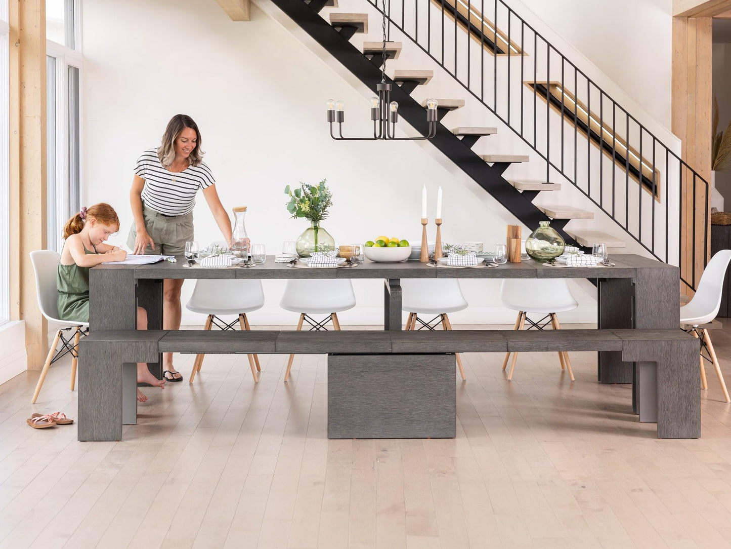 Transformer Table Esstisch-Set für 4 bis 12, ausziehbarer Esstisch aus Holz mit ausziehbarer Bank, Möbel für kleine Räume, Küchentisch-Set (Dunkelgrau, Tisch + Bank)