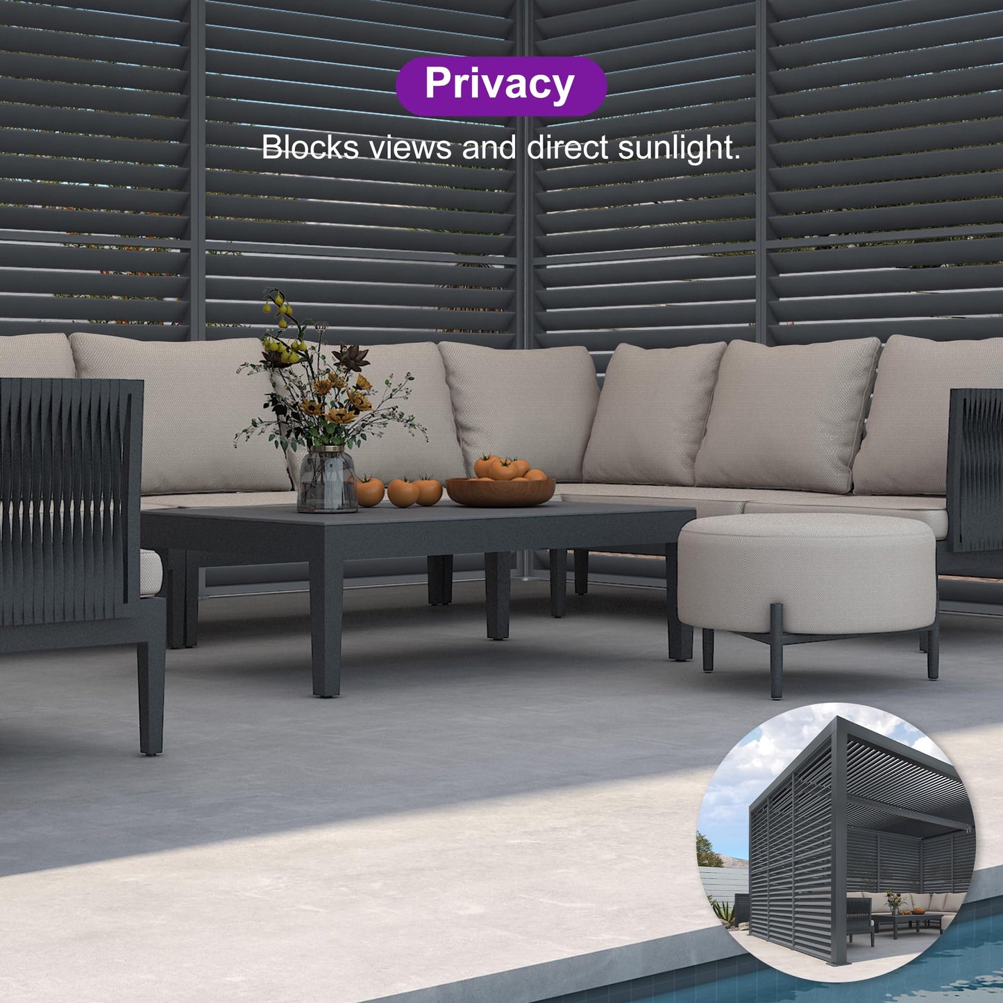 PURPLE LEAF Lamellenpergola 94AS, 3,3 x 4,3 m, Aluminium-Pergola für den Außenbereich mit Sonnenschutz, verstellbarem Dach für Terrasse, Hinterhof, grauer Pavillon mit festem Dach, 1 lange Seite und 2 kurze Seiten