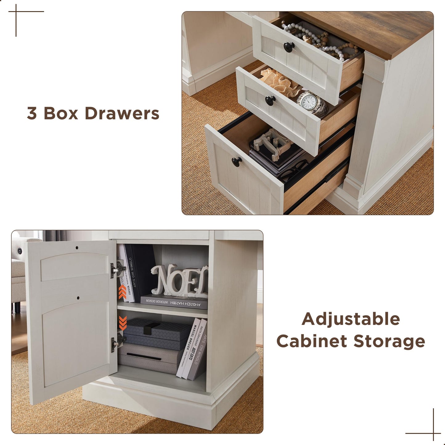 OKD 60-Zoll-Chefschreibtisch mit Schubladen, Home-Office-Schreibtisch im Landhausstil mit Ladestation, Tastaturablage, Aktenschrank-Aufbewahrung, Holz-Computertisch für Arbeit und Studium, Antikweiß