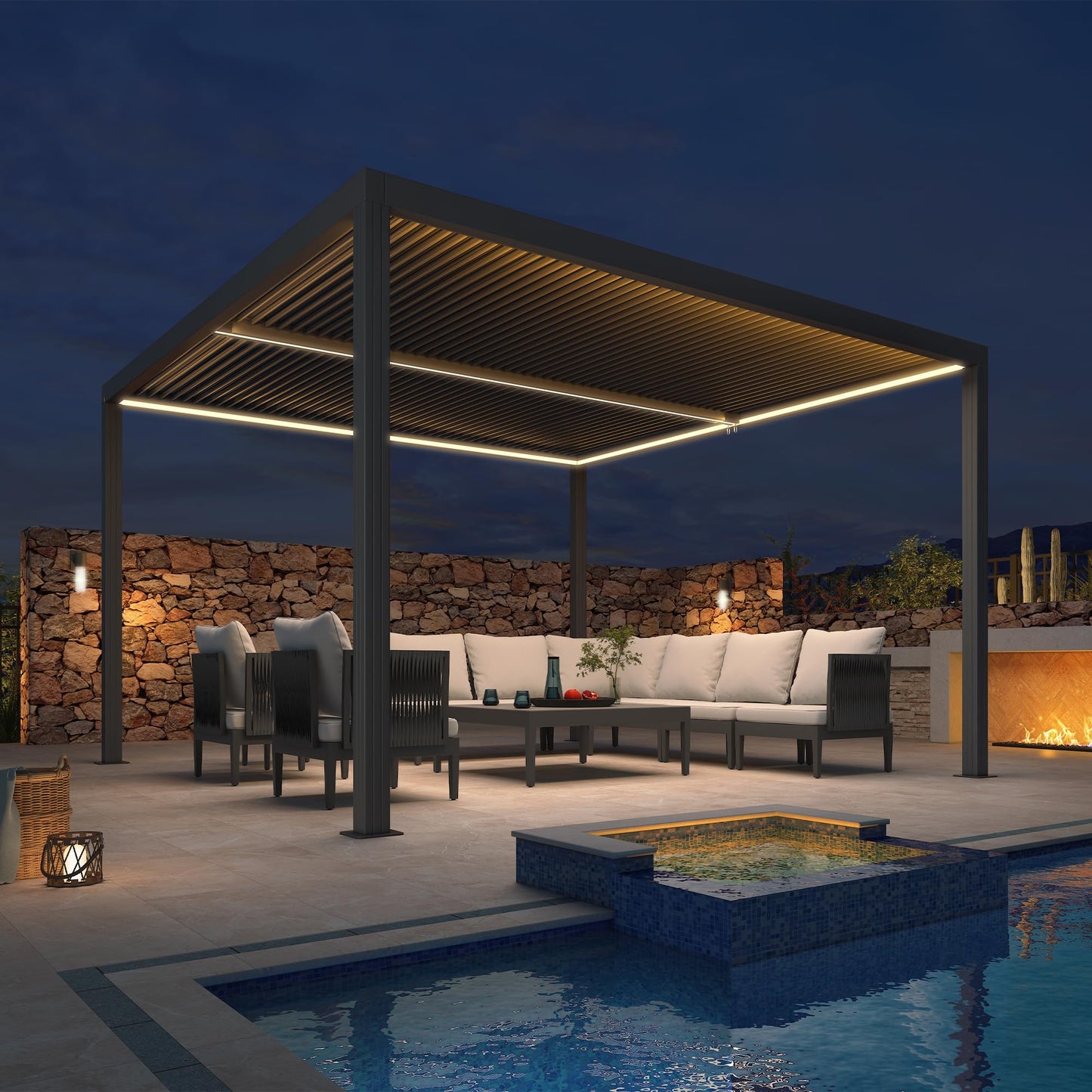 PURPLE LEAF Lamellenpergola 94AS, 3,3 x 4,3 m, Aluminium-Pergola für den Außenbereich mit Sonnenschutz, verstellbarem Dach für Terrasse, Hinterhof, grauer Pavillon mit festem Dach, 1 lange Seite und 2 kurze Seiten