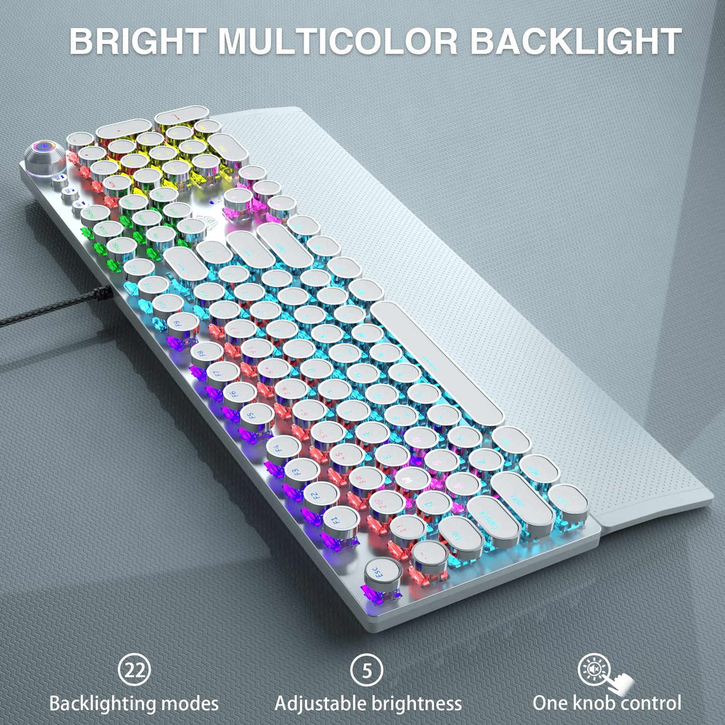 AULA F2088 Mechanical Gaming Keyboard – Blue Switches, Rainbow LED Backlit, Media Knob, Wrist Rest, Retro Typewriter Keycaps, USB Wired