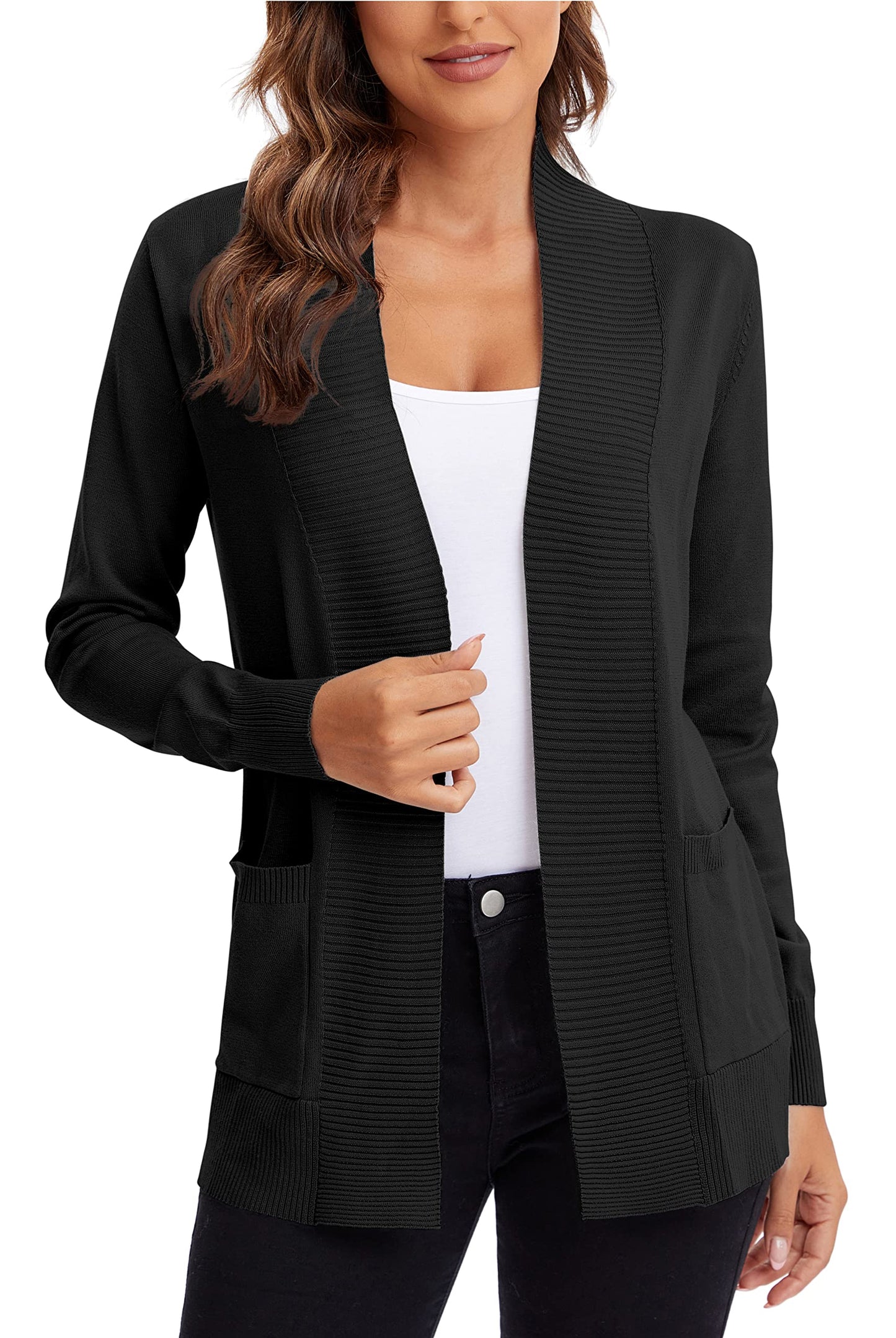 Urban CoCo Leichter Strickjacke für Damen mit offener Vorderseite, lange Ärmel, mit Tasche