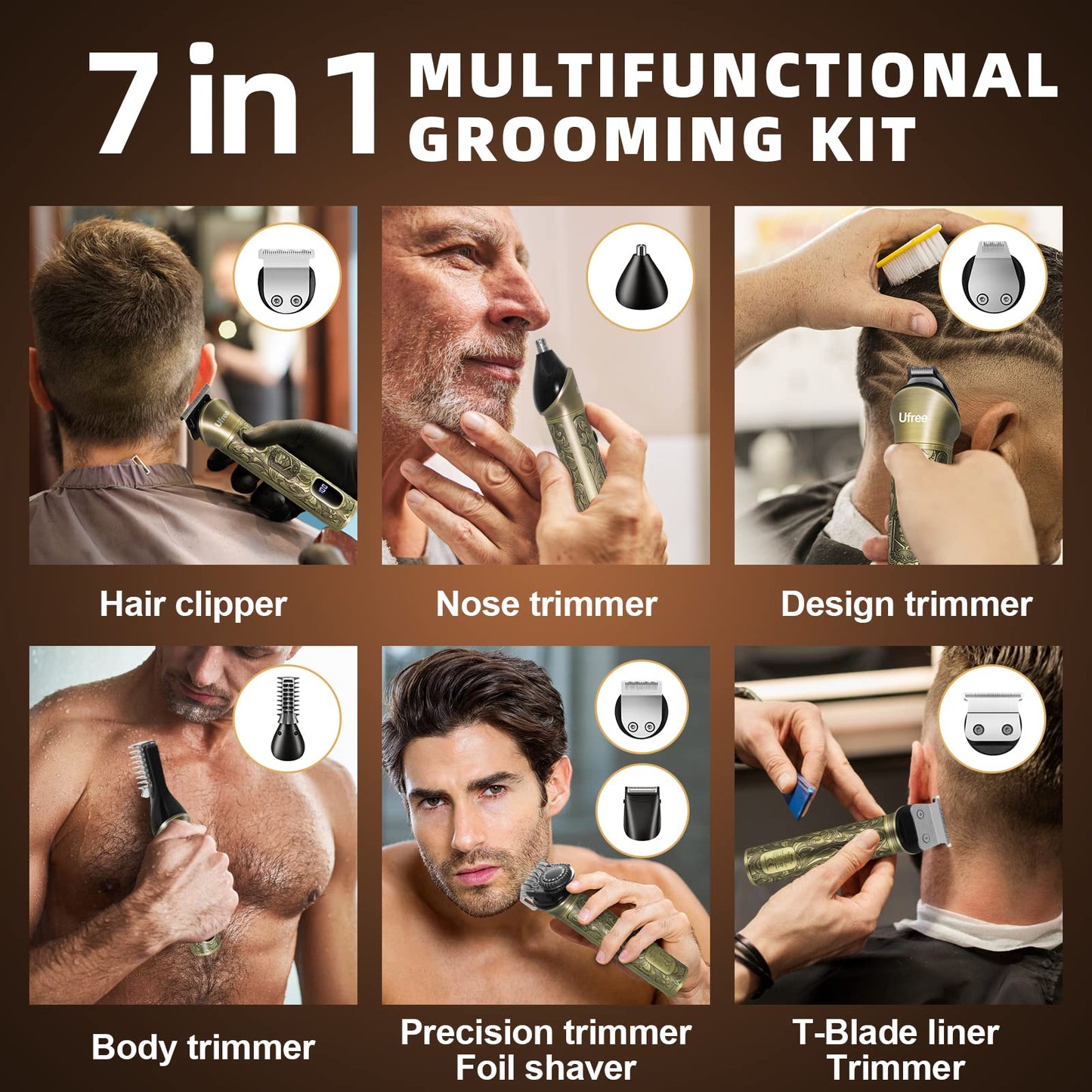 Ufree Beard Trimmer for Men, Electric Razor Shavers, Cordless Hair Clippers, Shaving Kit for Mustache, Body, Nose, Ear and Face, 7 in 1 Beard Grooming Kit, Gifts for Men