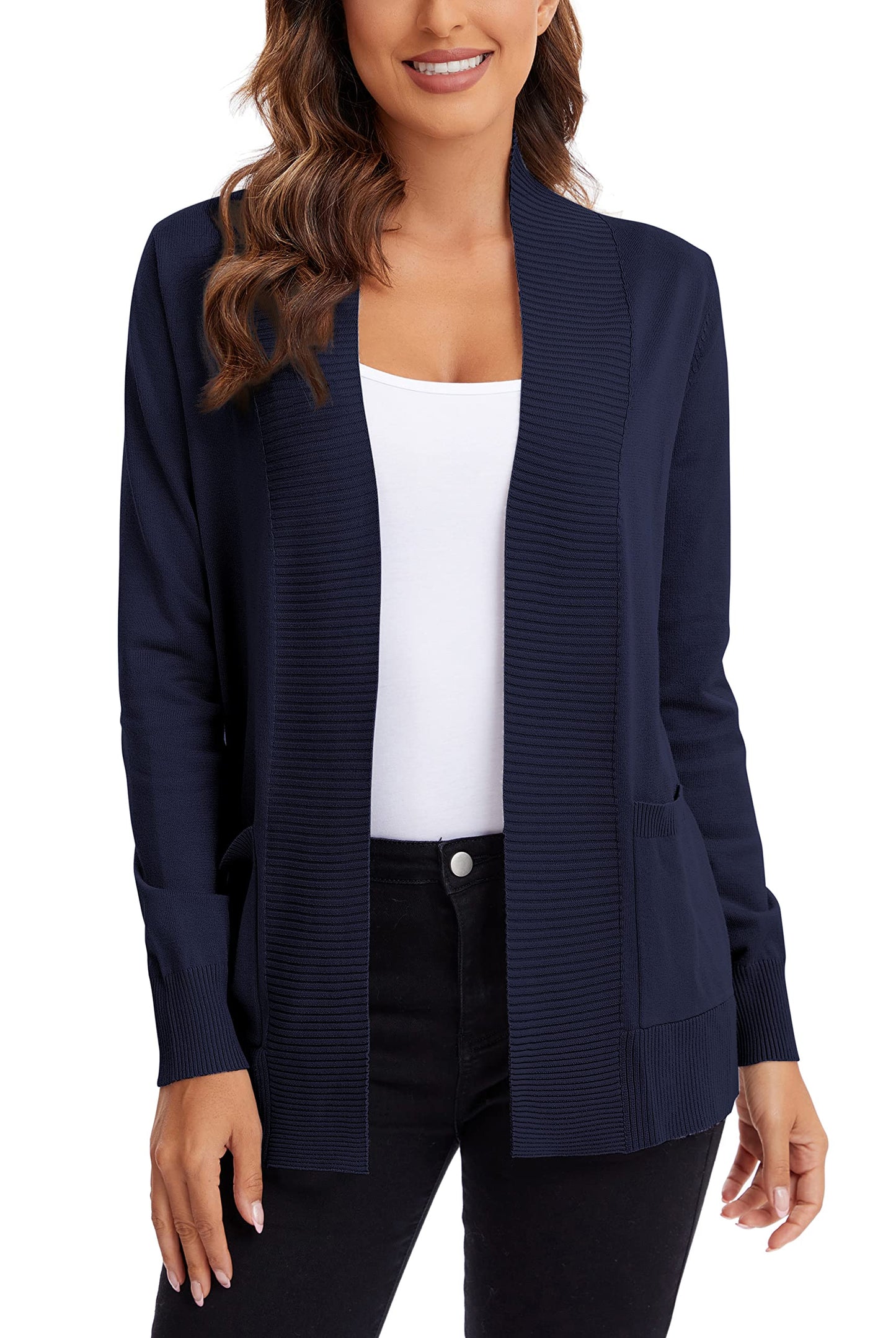 Urban CoCo Leichter Strickjacke für Damen mit offener Vorderseite, lange Ärmel, mit Tasche
