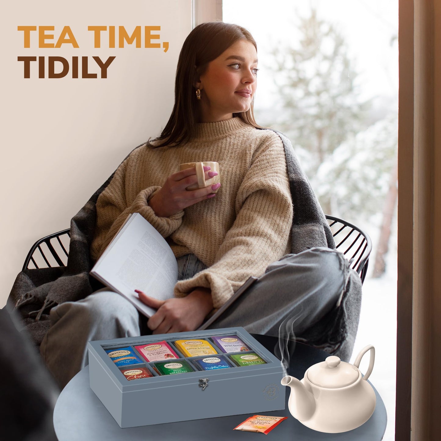 Bamboo Tea Bag Organizer Storage Box with Drawer & Acrylic Window - Magnetic Lid Keeps Contents Fresh - Ideal Mothers Day Gifts for Mom - Gift Caddy (Tea Not Included)
