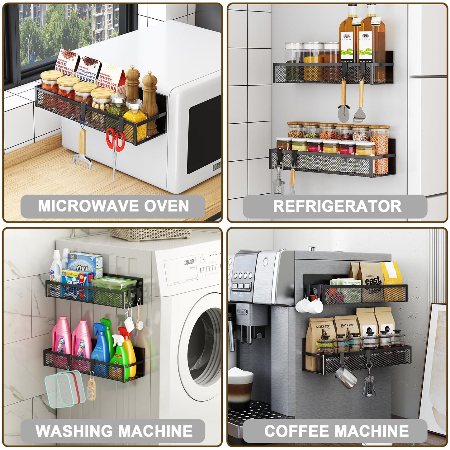 Magnetic Spice Rack for Refrigerator, 6 Pack Magnetic Shelf, Fridge Magnet Organizer with Moveable 12 Hooks, Magnetic Fridge Shelf for Kitchen Organization and Storage (6 Pack)