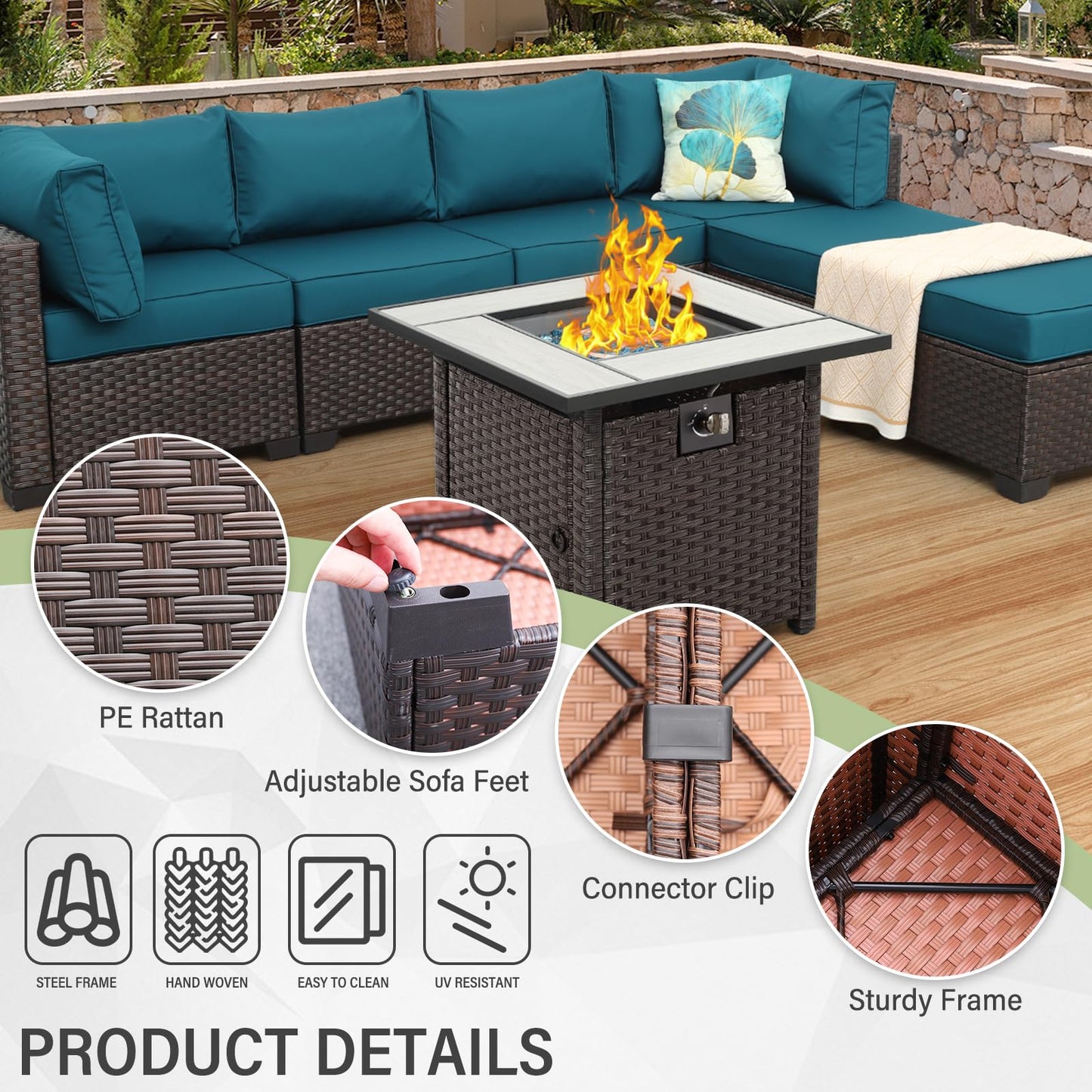 Outdoor Patio Dark Brown Rattan 7 Piece Sectional Set PE Wicker Conversation Sofa with Liftable Storage Table Non-Slip 5" Thick Royal Blue Cushion and Furniture Cover