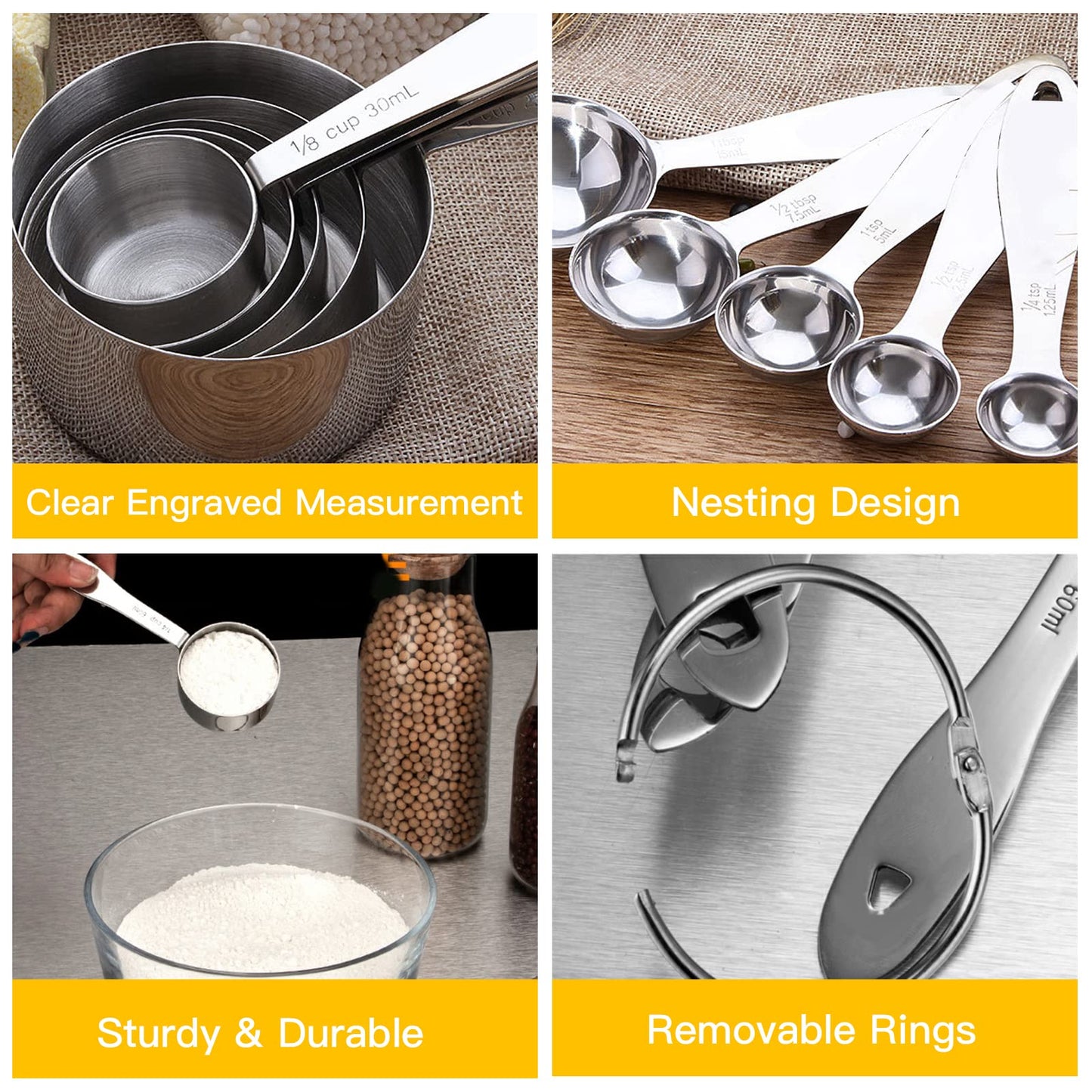 Ensemble de 10 tasses et cuillères à mesurer en acier inoxydable Joyhill, ensemble de tasses à mesurer emboîtables en métal avec poignées en silicone doux au toucher pour ingrédients secs et liquides, cuisine et pâtisserie (noir)