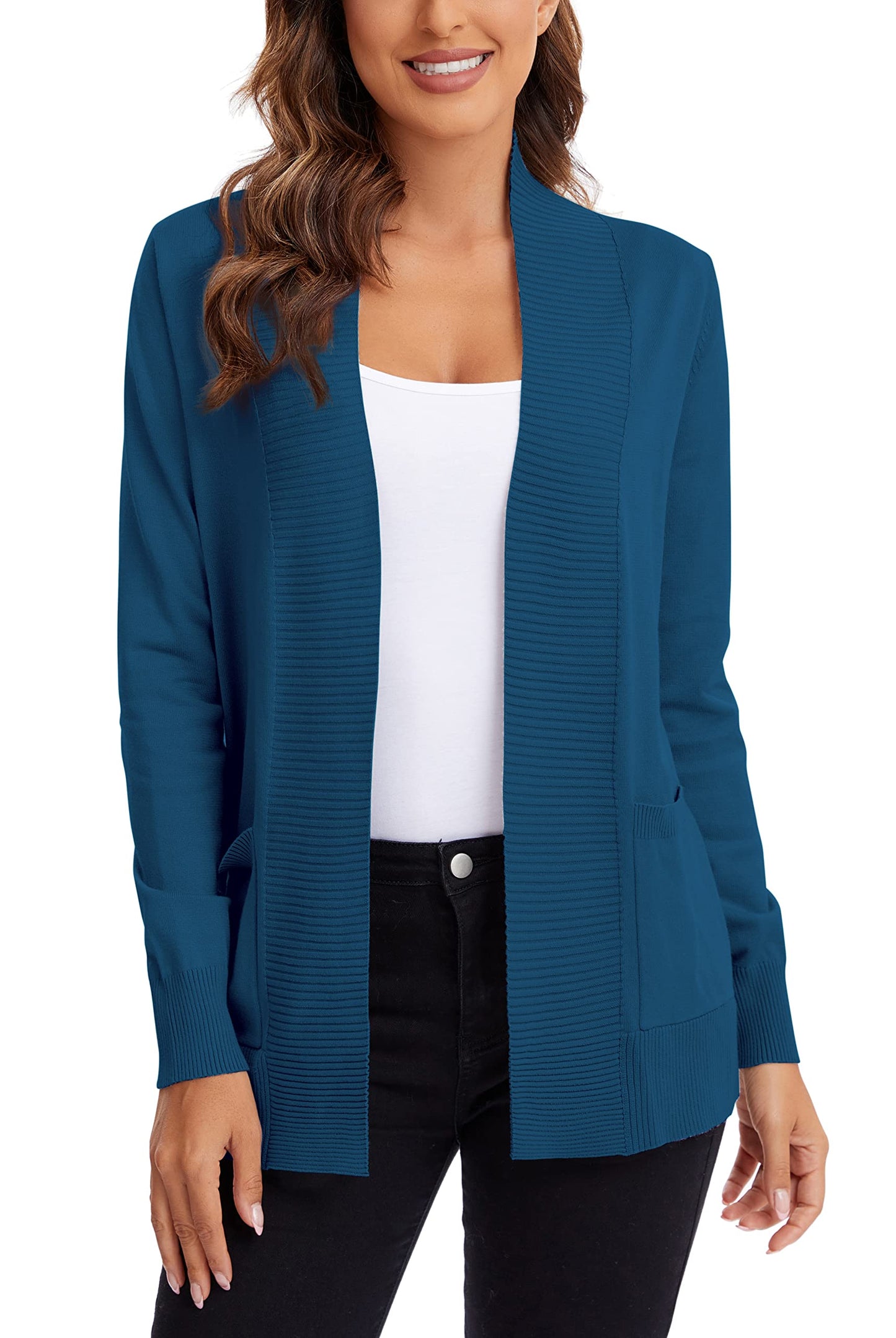 Urban CoCo Leichter Strickjacke für Damen mit offener Vorderseite, lange Ärmel, mit Tasche