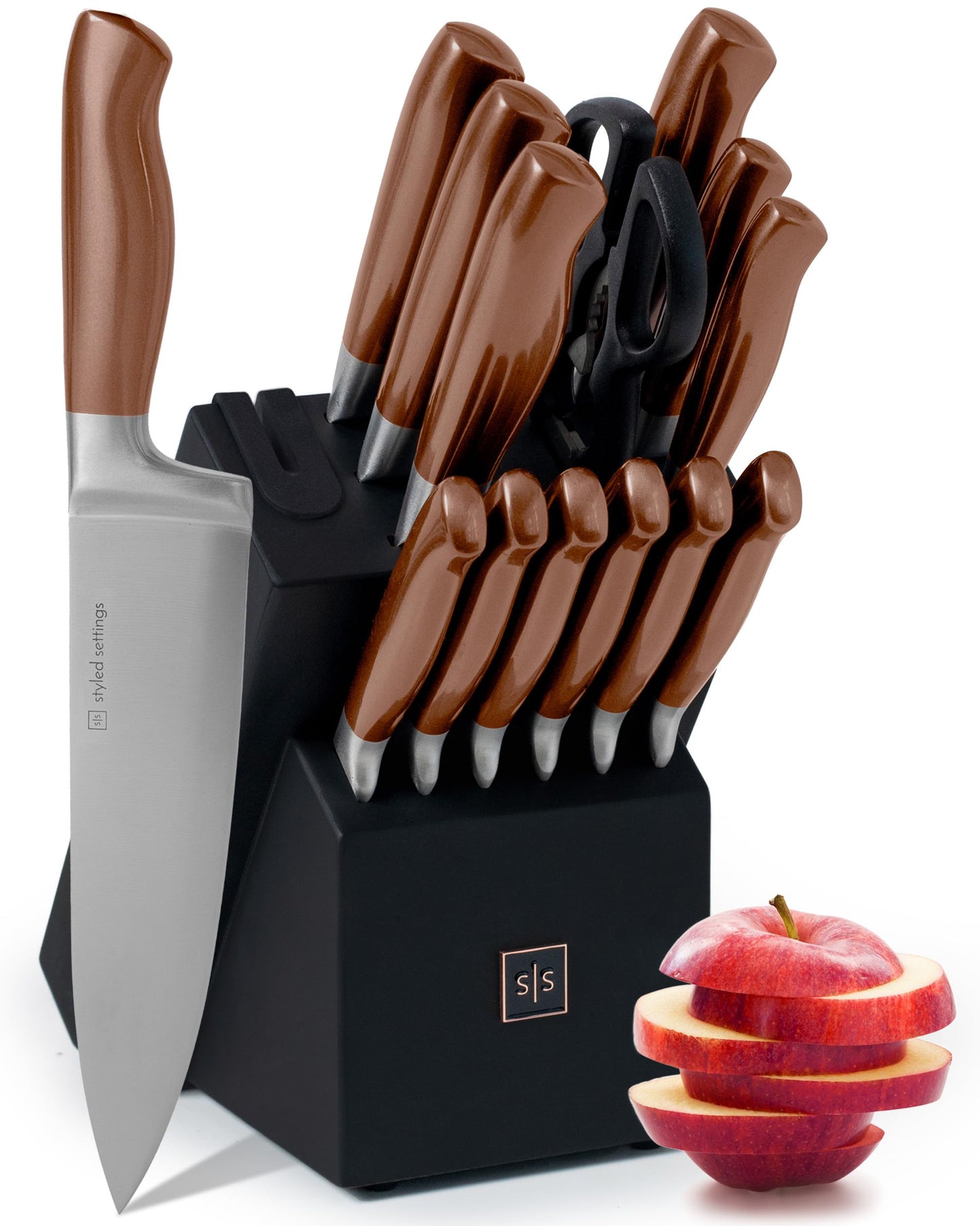 Kupfermesserset mit Block – 14-teiliges selbstschärfendes Messerblockset – Roségoldenes Messerset und schwarzer Messerblock mit Schärfer – Küchenzubehör und Dekor aus Kupfer