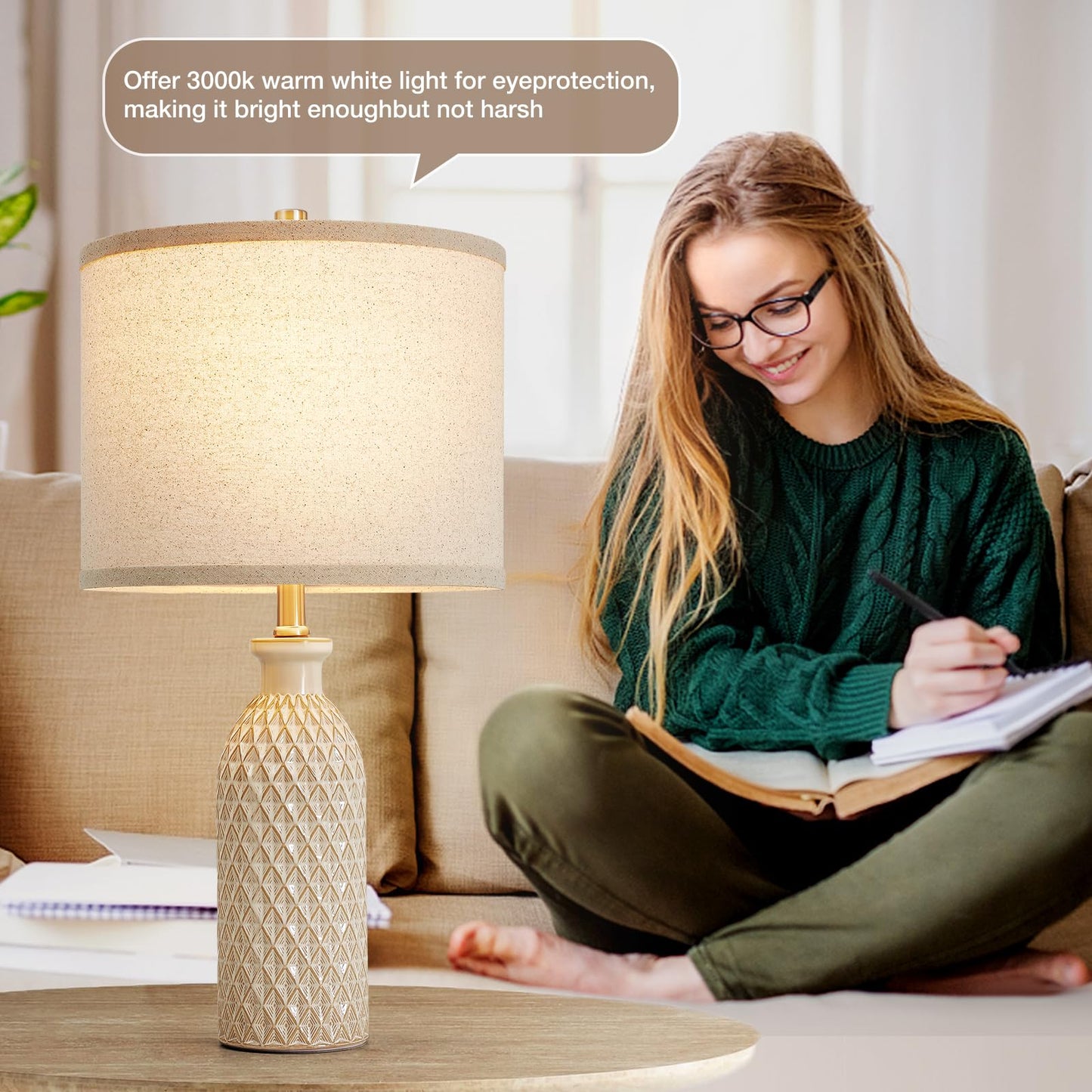 Luvkczc Moderne Keramiklampen für Schlafzimmer, 2er-Set, 3-Farbtemperatur-Tischlampe, Nachttischlampe, Schreibtisch-Leselampe mit Stoffschirm in Trommelform für Schlafzimmer, Wohnzimmer, 2 Glühbirnen enthalten (21,4 Zoll)