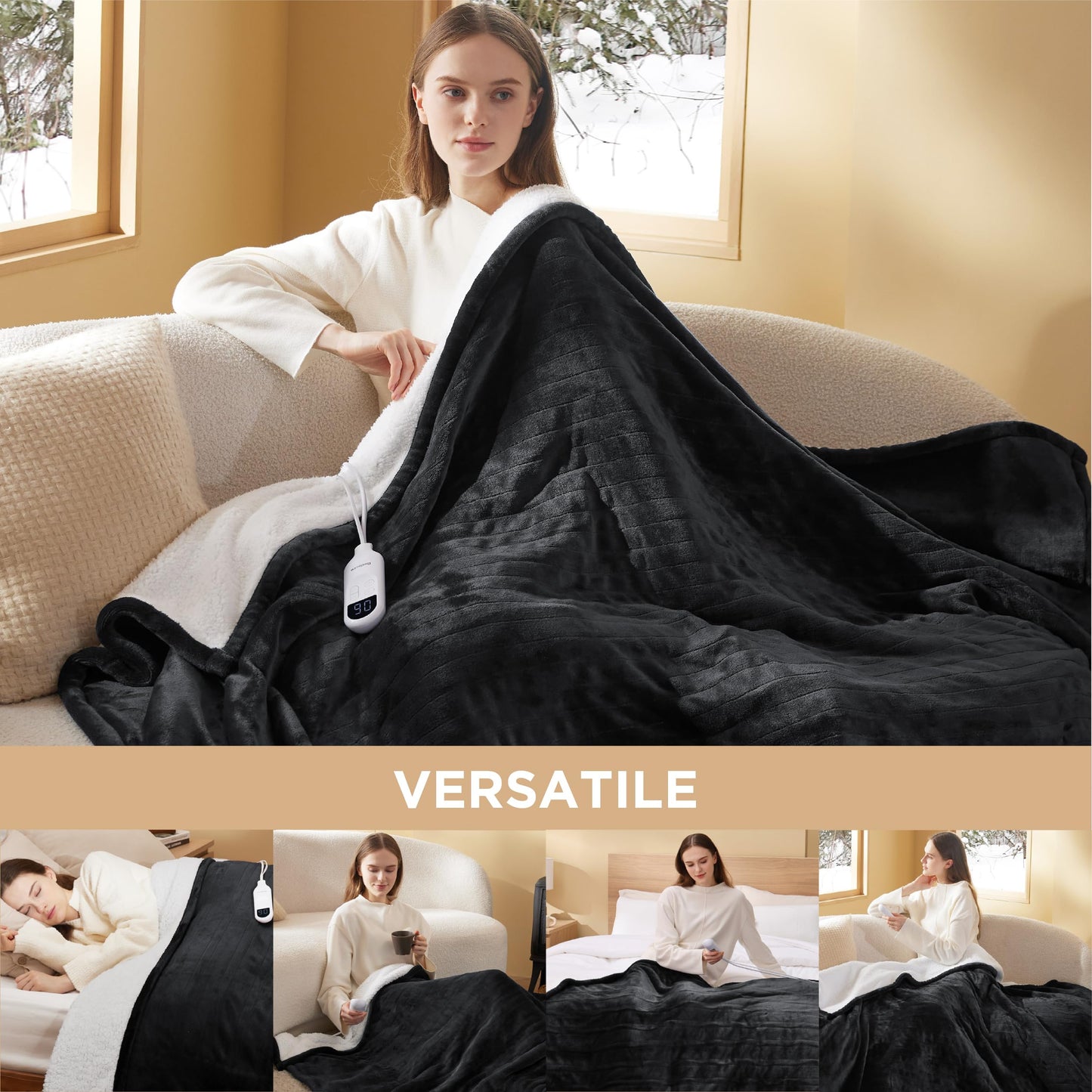 Electric Heated Blanket/Throw - Seamless Flannel Electric Blanket, Heating Blanket with 4 Time Settings & 6 Heat Settings, Warm Blanket Gift for Grandma (50x60 inches, Black)