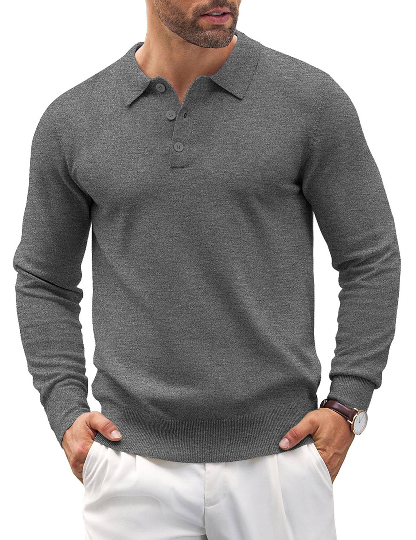 COOFANDY Mens Knit Polo Shirts Casual Long Sleeve Classic Polo Shirts Button Down Golf Shirts