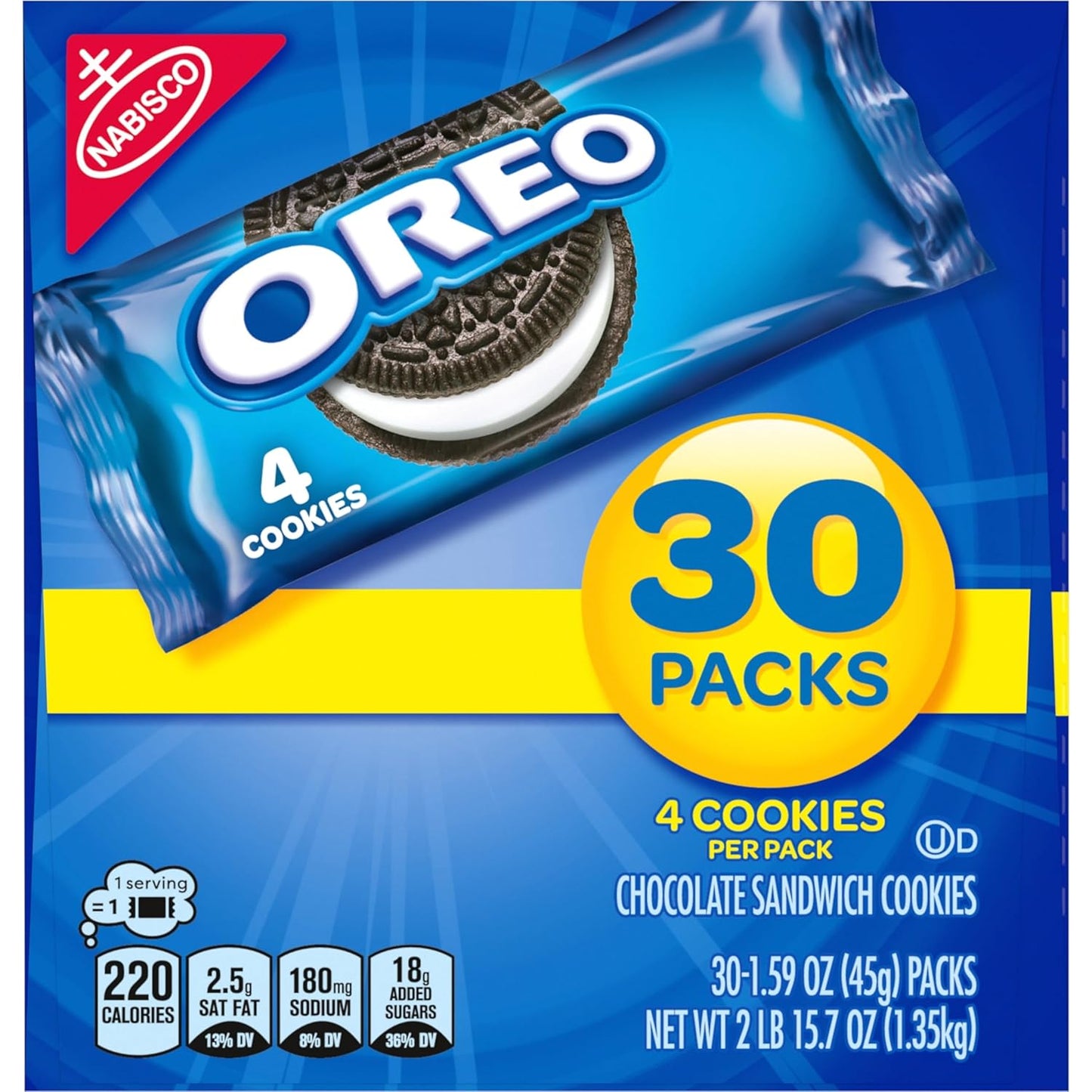 OREO Chocolate Sandwich Cookies, 30 Snackpackungen (4 Kekse pro Packung)