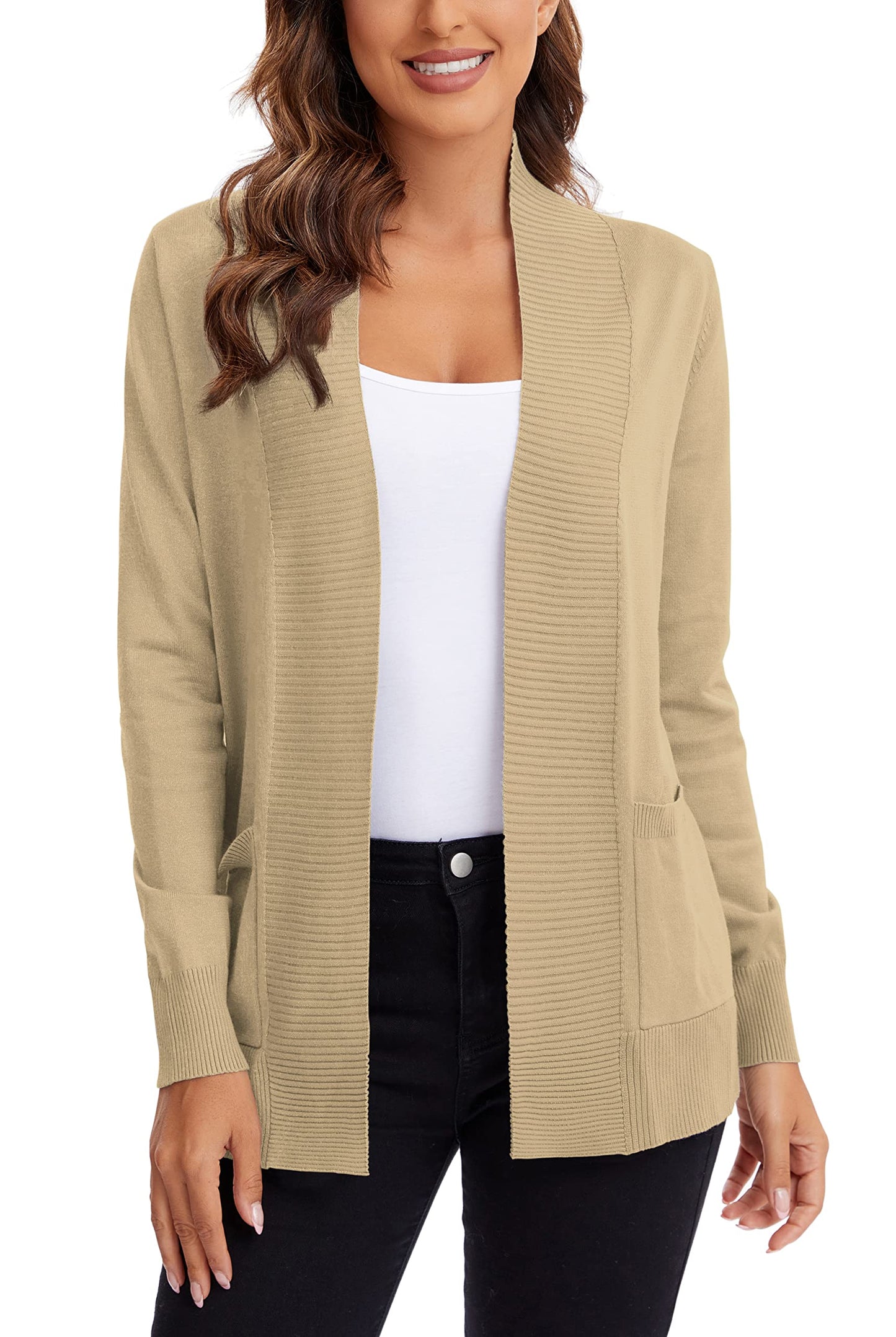 Urban CoCo Leichter Strickjacke für Damen mit offener Vorderseite, lange Ärmel, mit Tasche