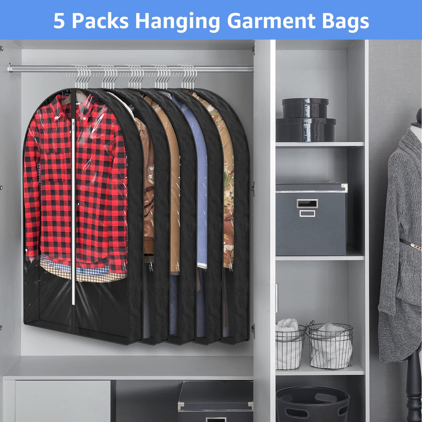 Sacs à vêtements transparents de 50 po pour suspendre des vêtements dans un placard avec soufflets de 4 po, sac de protection pour costumes pour robes, manteaux longs, vestes, pulls, chemises, 3 paquets, noir
