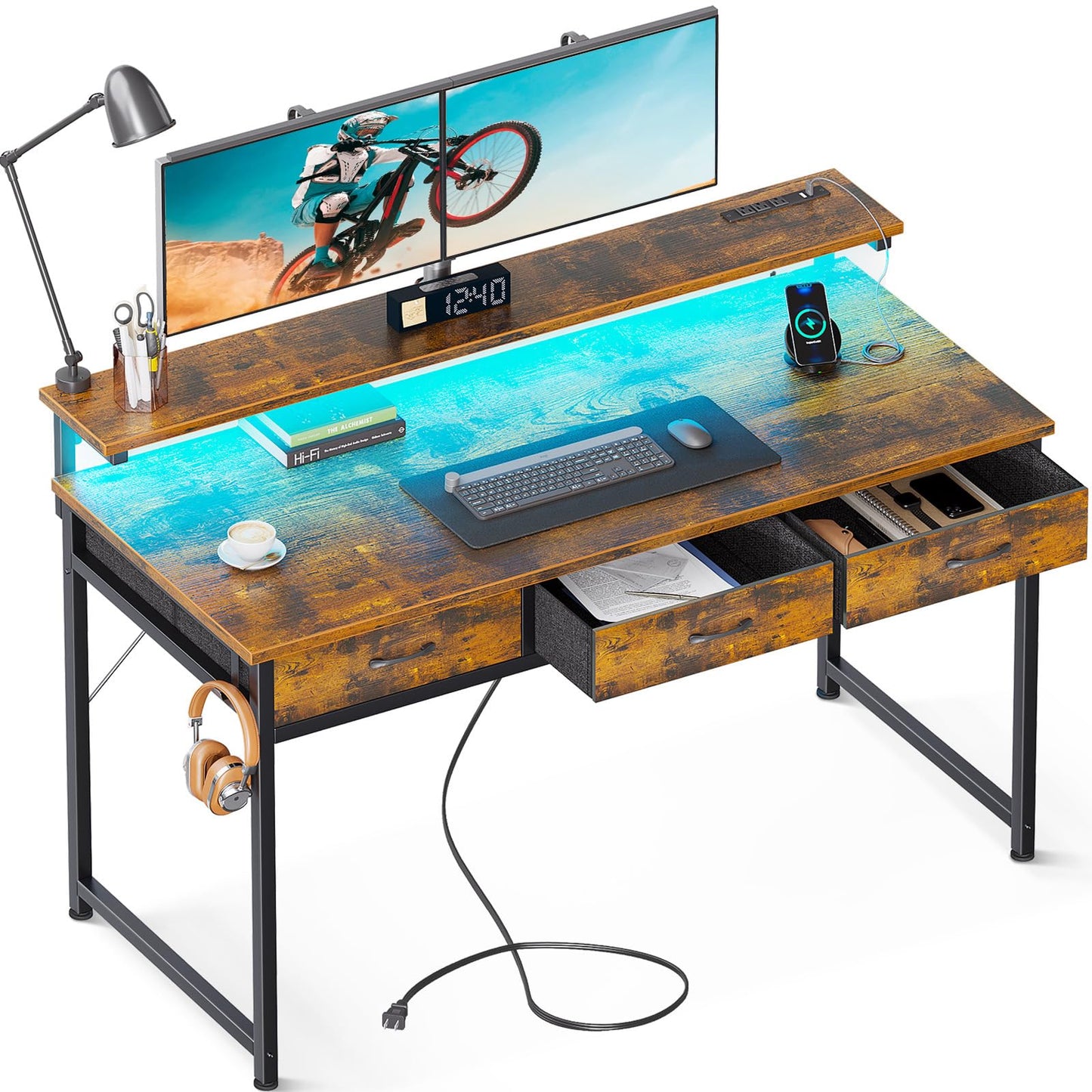 ODK 54-Zoll-Computertisch mit 3 Schubladen und USB-Steckdosen, Home-Office-Schreibtische mit LED-Leuchten und verstellbarem Monitorständer, Arbeiten von zu Hause, moderner Arbeits-/Schreib-/Studiertisch für Schlafzimmer, Schwarz