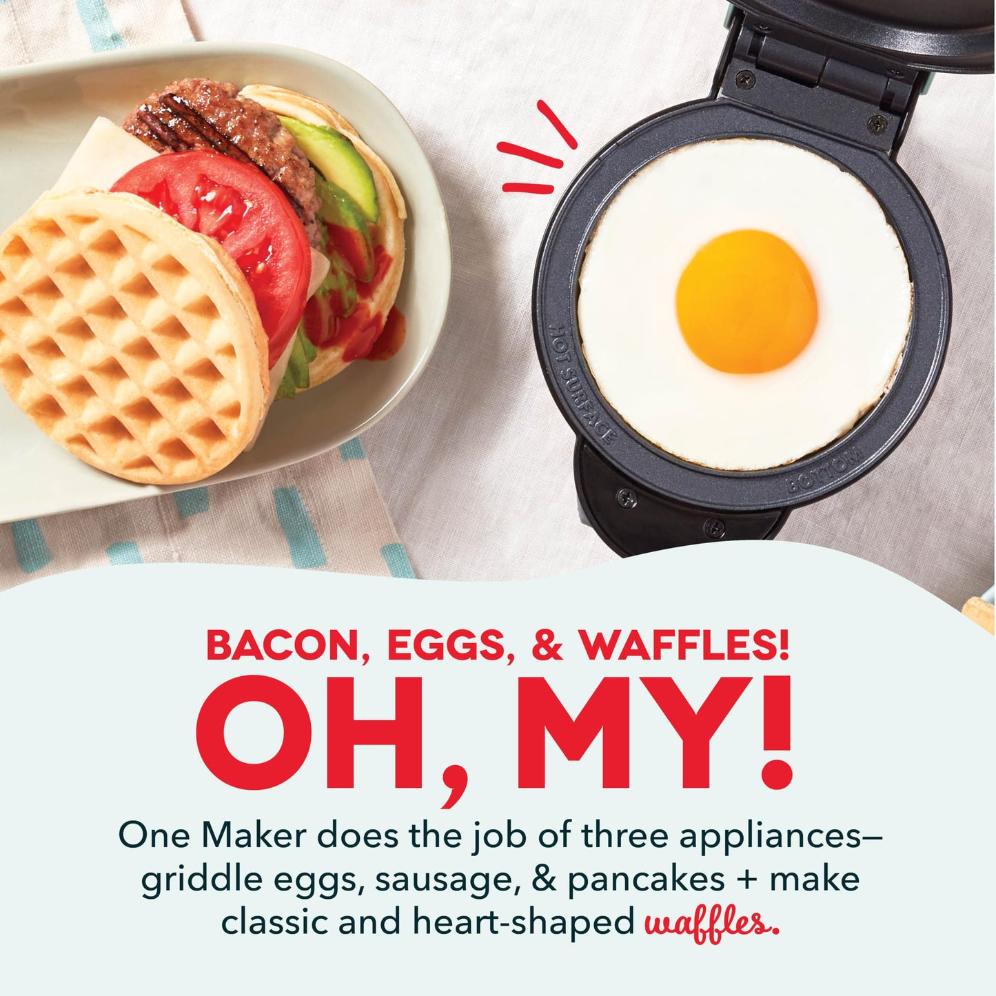 DASH Holiday Multimaker Mini System - Waffle Maker with Six 4” Removable Holiday Plates: Waffle Iron & Griddle, 4-in-1 Mini Waffle Maker for Kids and Families – Nonstick Surface, Santa Waffle (Red)