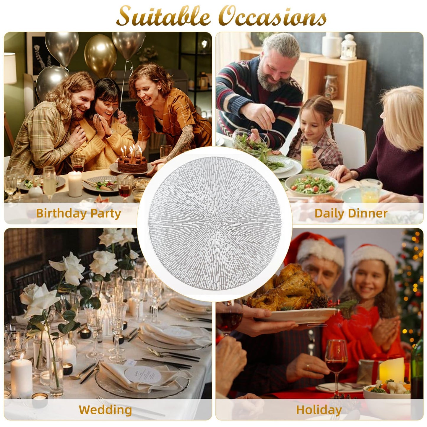 Silberne, runde Tischsets, ausgehöhlte, waschbare und abwischbare Tischsets, Tischsets aus gepresstem Vinyl, 6er-Set für Küchendekorationen zum Jubiläumsessen