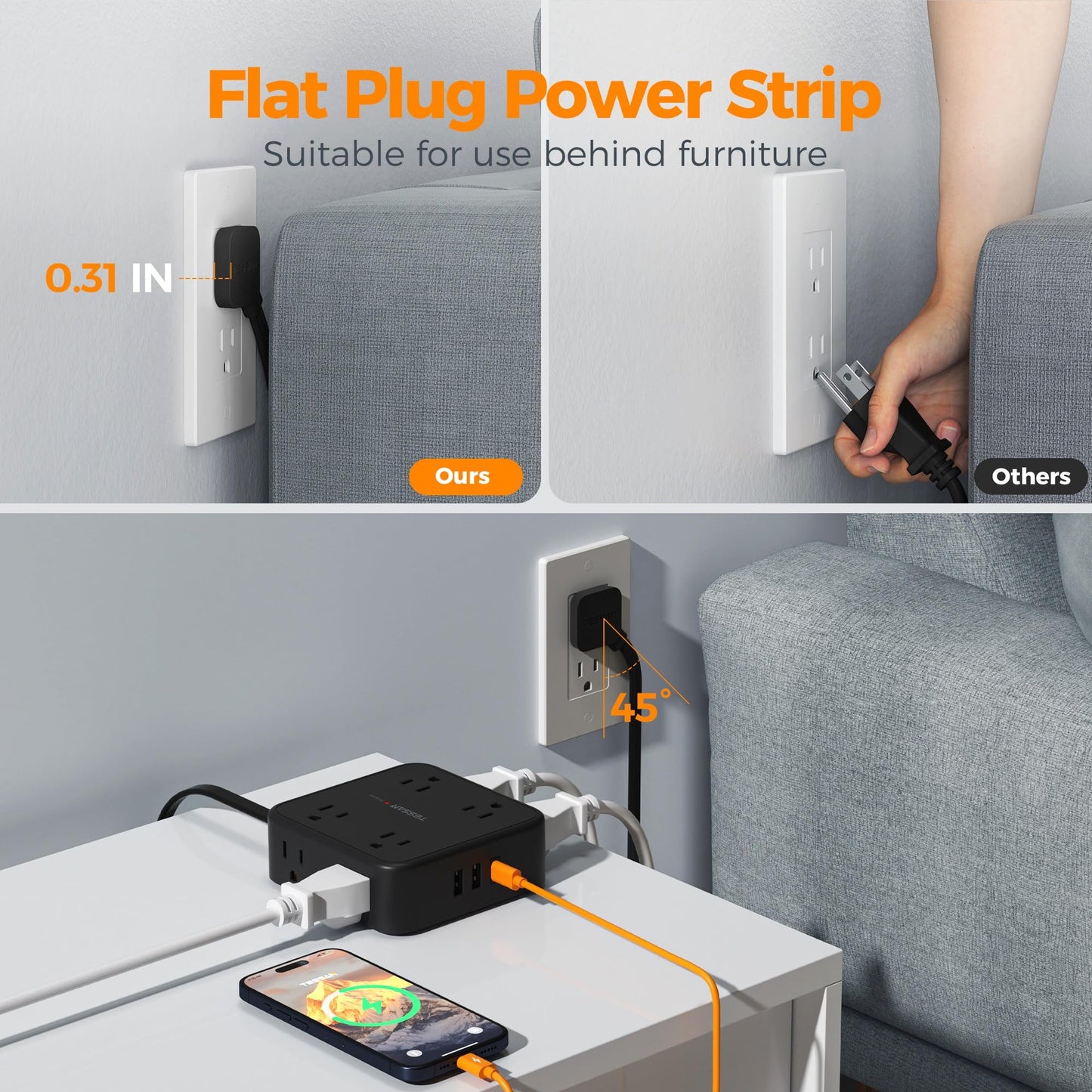 Surge Protector Flat Extension Cord Flat Plug Power Strip, 8 AC Outlets, 3 USB Charger(1 USB C Port) 3-Sided Outlet Extender, 5 Ft, 900 Joules Protection