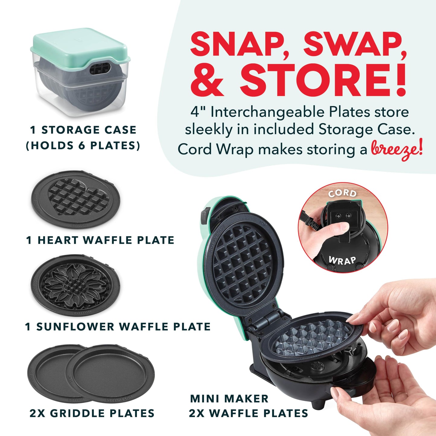 DASH Holiday Multimaker Mini System - Waffle Maker with Six 4” Removable Holiday Plates: Waffle Iron & Griddle, 4-in-1 Mini Waffle Maker for Kids and Families – Nonstick Surface, Santa Waffle (Red)