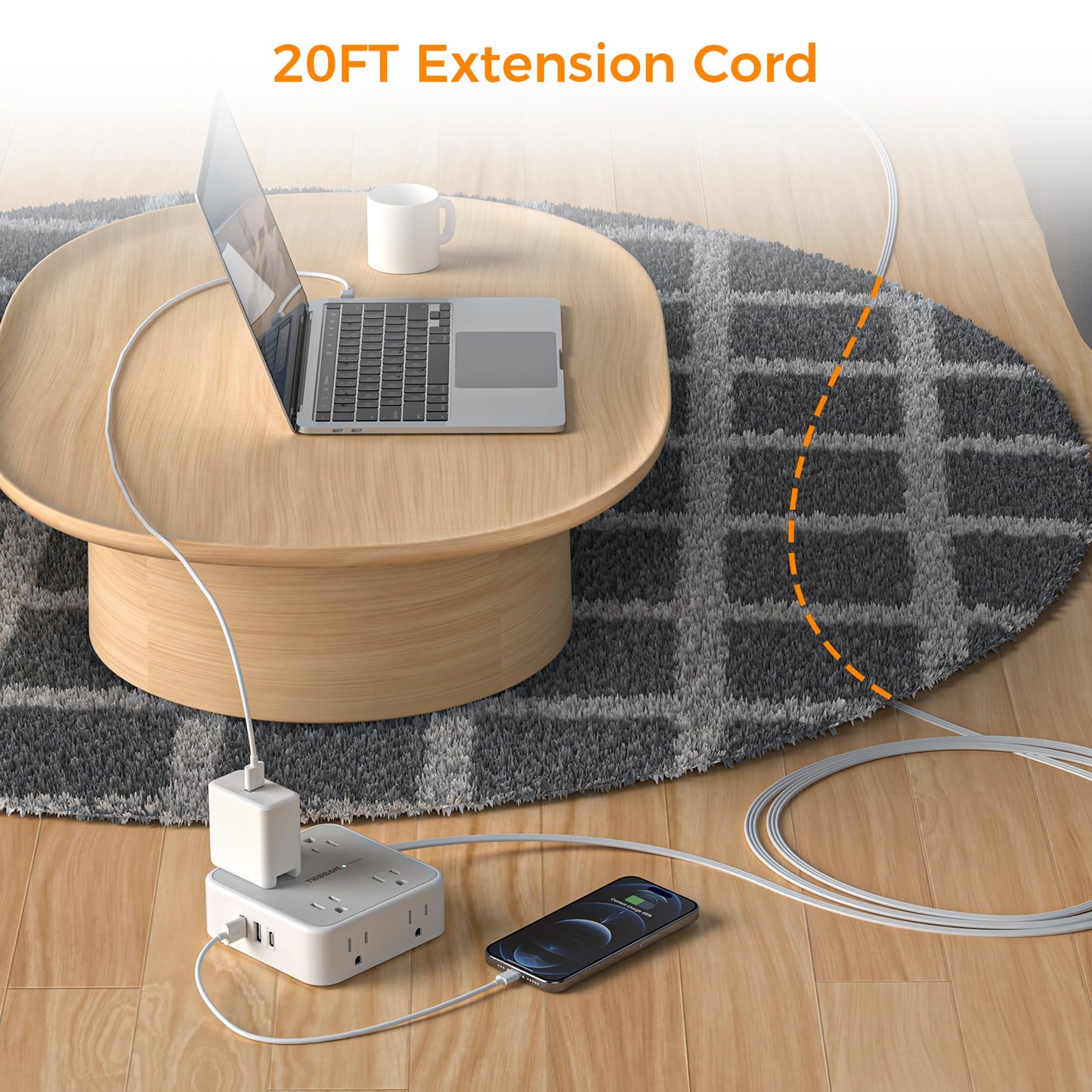 Surge Protector Flat Extension Cord Flat Plug Power Strip, 8 AC Outlets, 3 USB Charger(1 USB C Port) 3-Sided Outlet Extender, 5 Ft, 900 Joules Protection