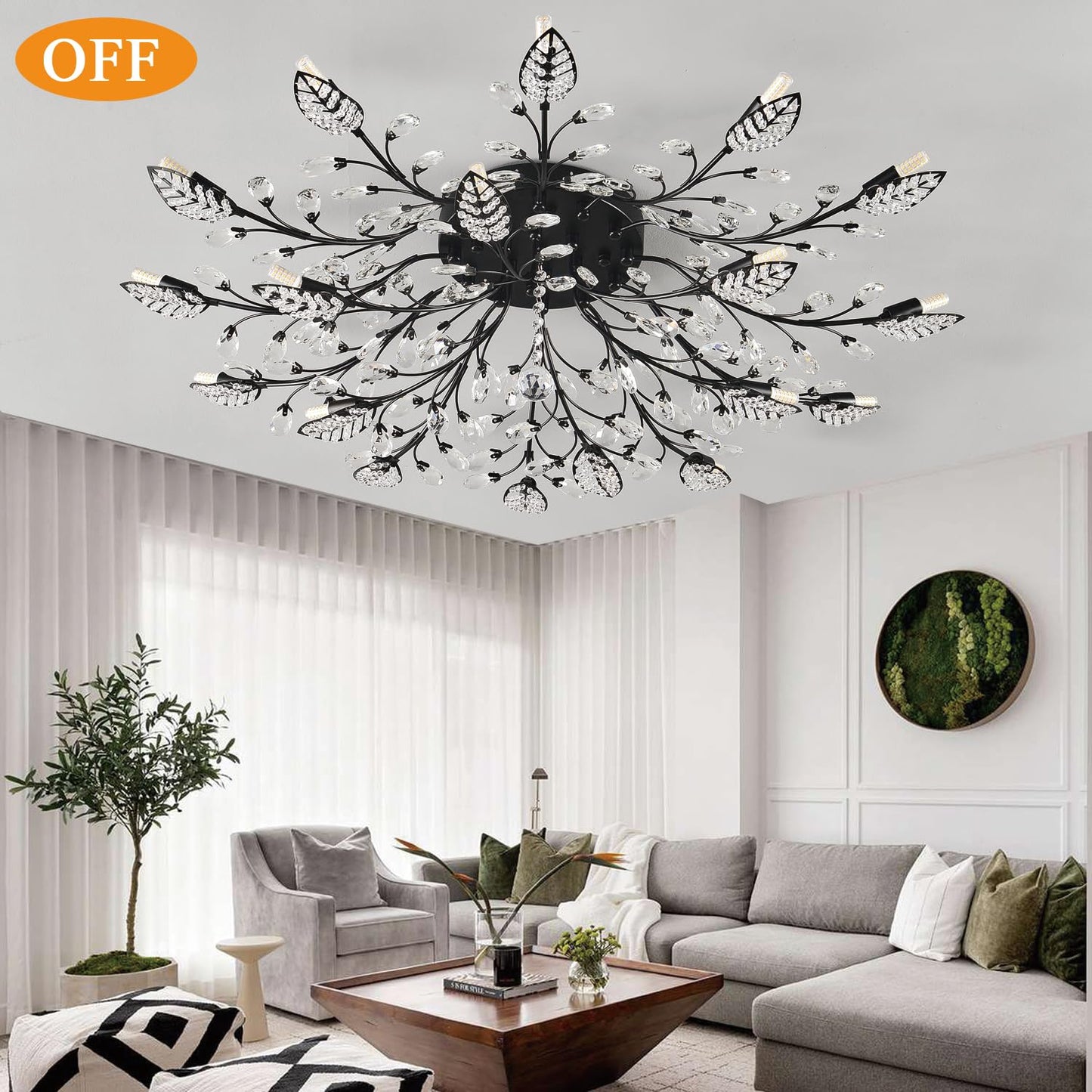 Moderne Deckenleuchte aus Kristall, halbbündiger Kronleuchter, Deckenleuchte aus Kristallblättern, Kronleuchter für Esszimmer, Wohnzimmer, Schlafzimmer (Gold, 12 Lichter)