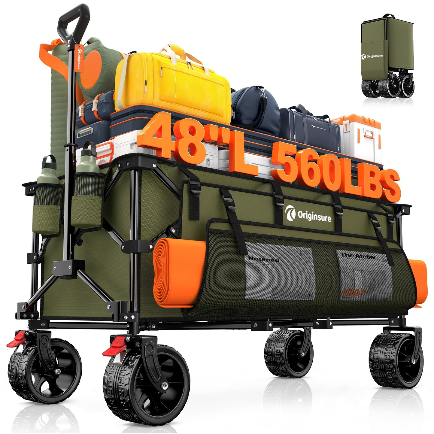 48" L Collapsible Wagon Cart Foldable, 560LB Weight Capacity 300L Heavy Duty Folding Beach Wagons with Big All-Terrain Wheels, Utility Carts for Groceries, Shopping, Camping, Sports - Black